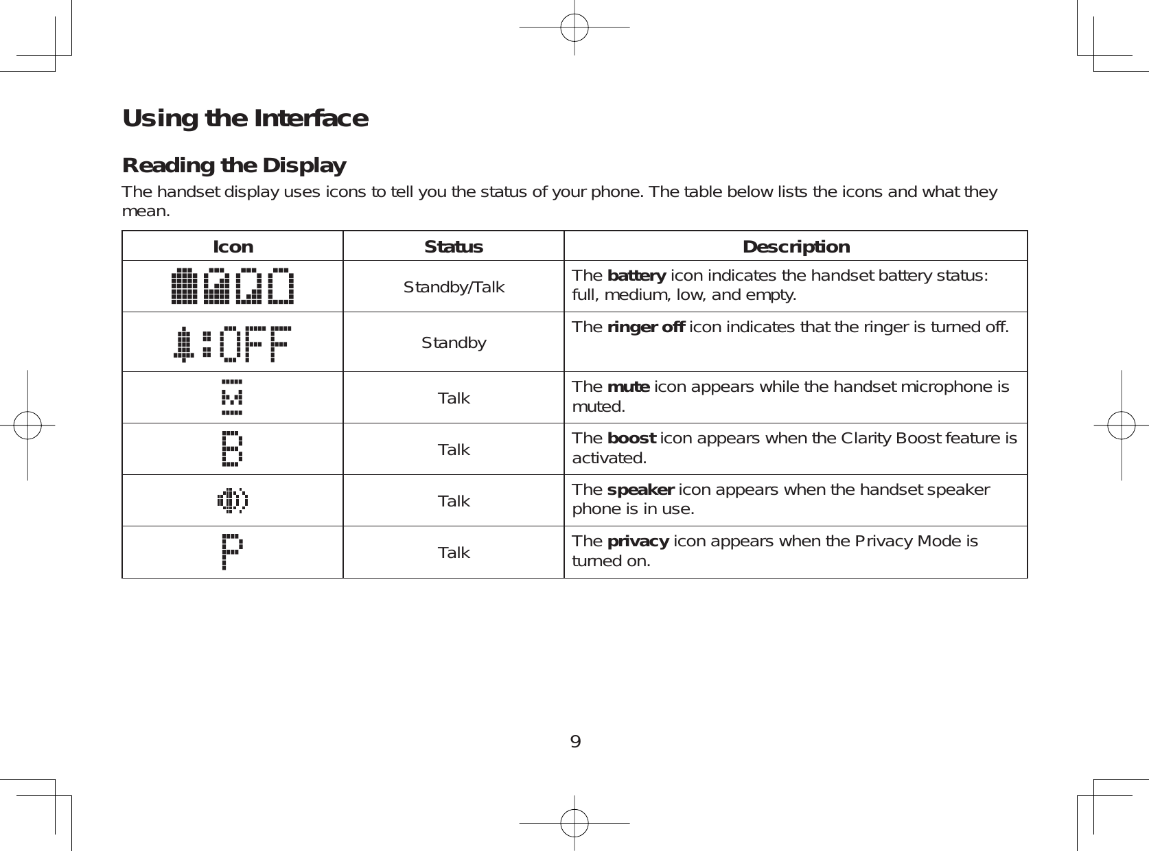 9Using the InterfaceReading the DisplayThe handset display uses icons to tell you the status of your phone. The table below lists the icons and what theymean.Icon Status DescriptionStandby/Talk The battery icon indicates the handset battery status:full, medium, low, and empty.1(( Standby The ringer off icon indicates that the ringer is turned off.Talk The mute icon appears while the handset microphone ismuted.Talk The boost icon appears when the Clarity Boost feature isactivated.Talk The speaker icon appears when the handset speakerphone is in use.Talk The privacy icon appears when the Privacy Mode isturned on.