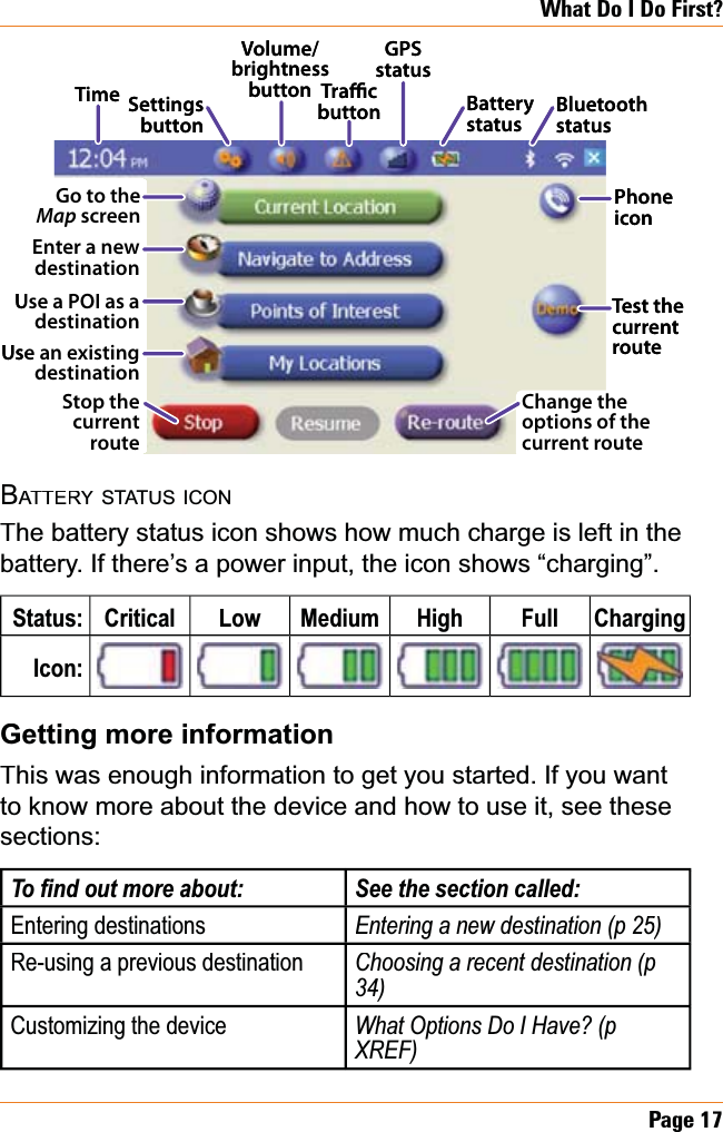 Page 17What Do I Do First?BATTERYRSTATUSICONThe battery status icon shows how much charge is left in the battery. If there’s a power input, the icon shows “charging”.Status:CriticalLowMediumHighFullChargingIcon:Getting more informationThis was enough information to get you started. If you want to know more about the device and how to use it, see these sections:7R¿QGRXWPRUHDERXW6HHWKHVHFWLRQFDOOHGEntering destinationsEntering a new destination (p 25)5Re-using a previous destinationChoosing a recent destination (p 34)4Customizing the deviceWhat Options Do I Have? (p XREF)Go to the Map screen Phone iconTimeVolume/ brightness buttonEnter a new destinationUse a POI as a destinationUse an existing destinationStop the current routeChange the options of the current routeTest the current routeBattery status Bluetooth statusGPSstatusSettings buttonTrac buttonGo to the Map screen Phone iconTimeVolume/ brightness buttonEnter a new destinationUse a POI as a destinationUse an existing destinationStop the current routeChange the options of the current routeTest the current routeBattery status Bluetooth statusGPSstatusSettings buttonTrac button