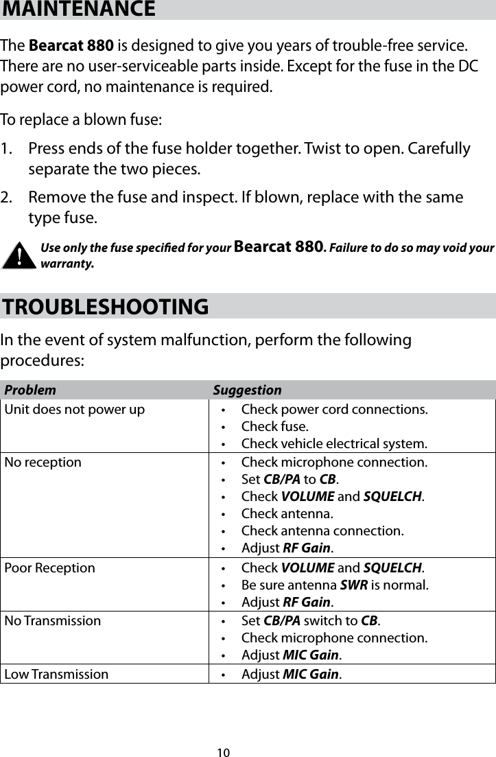 10MAINTENANCE The Bearcat 880 is designed to give you years of trouble-free service. There are no user-serviceable parts inside. Except for the fuse in the DC power cord, no maintenance is required.To replace a blown fuse: 1.  Press ends of the fuse holder together. Twist to open. Carefully separate the two pieces. 2.  Remove the fuse and inspect. If blown, replace with the same type fuse. Use only the fuse specied for your Bearcat 880. Failure to do so may void your warranty. TROUBLESHOOTING In the event of system malfunction, perform the following procedures: Problem SuggestionUnit does not power up • Check power cord connections. • Check fuse. • Check vehicle electrical system.No reception • Check microphone connection. • Set CB/PA to CB. • Check VOLUME and SQUELCH. • Check antenna. • Check antenna connection. • Adjust RF Gain. Poor Reception • Check VOLUME and SQUELCH. • Be sure antenna SWR is normal.• Adjust RF Gain. No Transmission • Set CB/PA switch to CB. • Check microphone connection.• Adjust MIC Gain. Low Transmission • Adjust MIC Gain. 