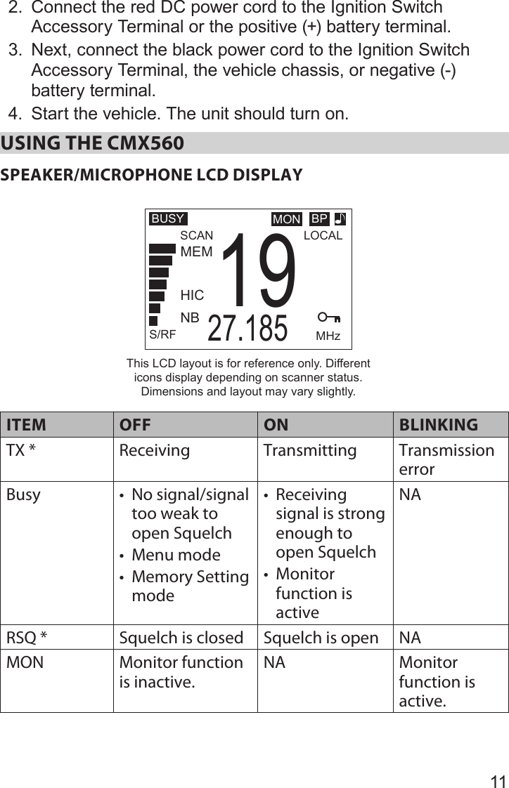 112.  Connect the red DC power cord to the Ignition Switch Accessory Terminal or the positive (+) battery terminal.  3.  Next, connect the black power cord to the Ignition Switch Accessory Terminal, the vehicle chassis, or negative (-) battery terminal.4.  Start the vehicle. The unit should turn on.USING THE CMX560SPEAKER/MICROPHONE LCD DISPLAYSCANBUSYMEMS/RFLOCALMHz27.18519TXMON BPHICNBThis LCD layout is for reference only. Different icons display depending on scanner status. Dimensions and layout may vary slightly.ITEM OFF ON BLINKINGTX * Receiving Transmitting Transmission errorBusy • No signal/signal too weak to open Squelch• Menu mode• Memory Setting mode• Receiving signal is strong enough to open Squelch• Monitor function is activeNARSQ * Squelch is closed Squelch is open NAMON Monitor function is inactive.NA Monitor function is active.
