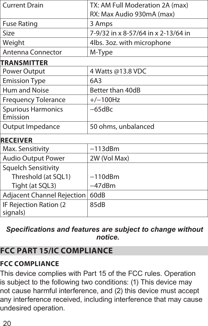 20Current Drain TX: AM Full Moderation 2A (max)RX: Max Audio 930mA (max)Fuse Rating 3 AmpsSize 7-9/32 in x 8-57/64 in x 2-13/64 inWeight 4lbs. 3oz. with microphoneAntenna Connector M-TypeTRANSMITTERPower Output 4 Watts @13.8 VDCEmission Type 6A3Hum and Noise Better than 40dBFrequency Tolerance +/−100HzSpurious Harmonics Emission−65dBcOutput Impedance 50 ohms, unbalancedRECEIVERMax. Sensitivity −113dBmAudio Output Power 2W (Vol Max)Squelch Sensitivity      Threshold (at SQL1)      Tight (at SQL3)−110dBm    −47dBmAdjacent Channel Rejection 60dBIF Rejection Ration (2 signals)85dBSpecifications and features are subject to change without notice.FCC PART 15/IC COMPLIANCEFCC COMPLIANCEThis device complies with Part 15 of the FCC rules. Operation is subject to the following two conditions: (1) This device may not cause harmful interference, and (2) this device must accept any interference received, including interference that may cause undesired operation.