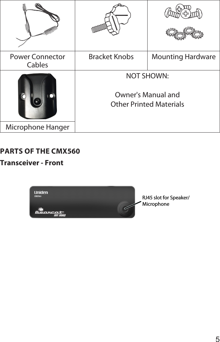 5Power Connector CablesBracket Knobs Mounting HardwareNOT SHOWN:Owner&apos;s Manual and Other Printed MaterialsMicrophone HangerPARTS OF THE CMX560Transceiver - FrontRJ45 slot for Speaker/ Microphone