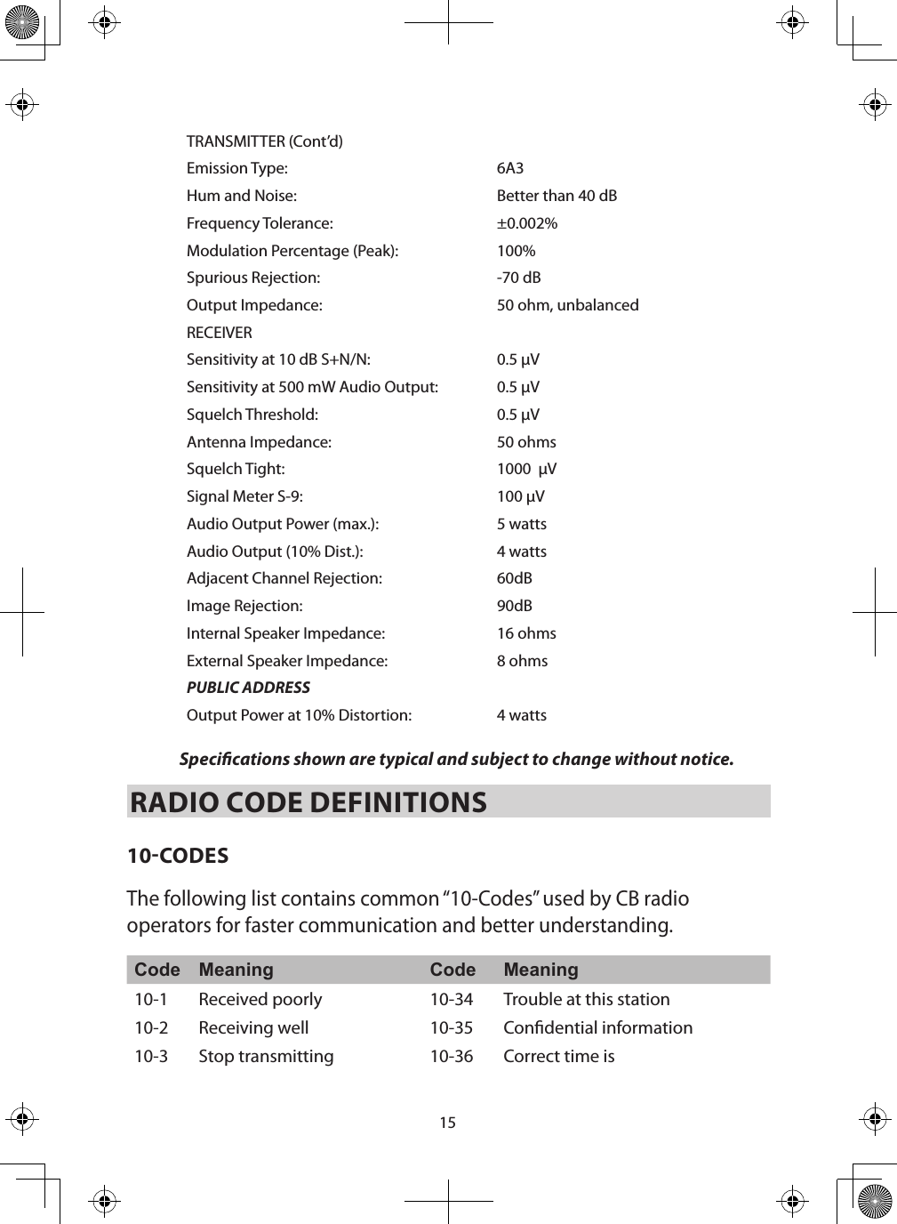 15TRANSMITTER (Cont’d)Emission Type: 6A3Hum and Noise: Better than 40 dBFrequency Tolerance: ±0.002%Modulation Percentage (Peak):  100%Spurious Rejection: -70 dBOutput Impedance: 50 ohm, unbalancedRECEIVERSensitivity at 10 dB S+N/N: 0.5 µVSensitivity at 500 mW Audio Output: 0.5 µVSquelch Threshold: 0.5 µVAntenna Impedance: 50 ohmsSquelch Tight: 1000  µVSignal Meter S-9: 100 µVAudio Output Power (max.): 5 wattsAudio Output (10% Dist.): 4 wattsAdjacent Channel Rejection: 60dBImage Rejection: 90dBInternal Speaker Impedance: 16 ohmsExternal Speaker Impedance: 8 ohmsPUBLIC ADDRESSOutput Power at 10% Distortion:  4 watts Specications shown are typical and subject to change without notice. RADIO CODE DEFINITIONS 10CODESThe following list contains common “10-Codes” used by CB radio operators for faster communication and better understanding. Code Meaning Code Meaning10-1 Received poorly  10-34 Trouble at this station 10-2 Receiving well  10-35 Condential information 10-3 Stop transmitting  10-36 Correct time is 