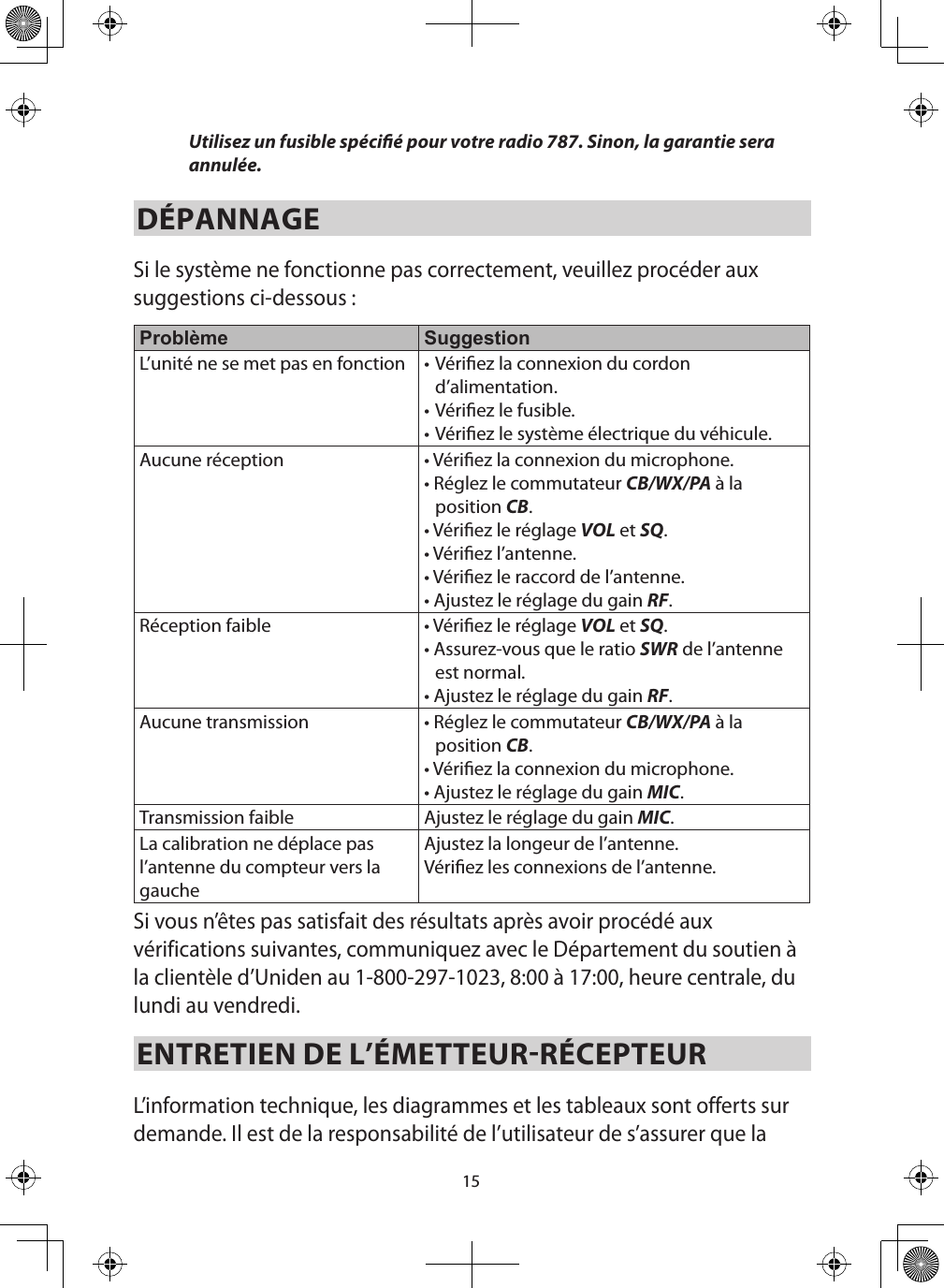 15Utilisez un fusible spécié pour votre radio 787. Sinon, la garantie sera annulée. DÉPANNAGE Si le système ne fonctionne pas correctement, veuillez procéder aux suggestions ci-dessous : Problème SuggestionL’unité ne se met pas en fonction • Vériez la connexion du cordon d’alimentation.• Vériez le fusible.• Vériez le système électrique du véhicule.Aucune réception • Vériez la connexion du microphone.• Réglez le commutateur CB/WX/PA à la position CB.• Vériez le réglage VOL et SQ.• Vériez l’antenne.• Vériez le raccord de l’antenne.• Ajustez le réglage du gain RF.Réception faible • Vériez le réglage VOL et SQ. • Assurez-vous que le ratio SWR de l’antenne est normal.• Ajustez le réglage du gain RF.Aucune transmission • Réglez le commutateur CB/WX/PA à la position CB. • Vériez la connexion du microphone. • Ajustez le réglage du gain MIC. Transmission faible Ajustez le réglage du gain MIC. La calibration ne déplace pas l’antenne du compteur vers la gaucheAjustez la longeur de l’antenne.Vériez les connexions de l’antenne.Si vous n’êtes pas satisfait des résultats après avoir procédé aux vérifications suivantes, communiquez avec le Département du soutien à la clientèle d’Uniden au 1-800-297-1023, 8:00 à 17:00, heure centrale, du lundi au vendredi.ENTRETIEN DE L’ÉMETTEURRÉCEPTEUR L’information technique, les diagrammes et les tableaux sont offerts sur demande. Il est de la responsabilité de l’utilisateur de s’assurer que la 