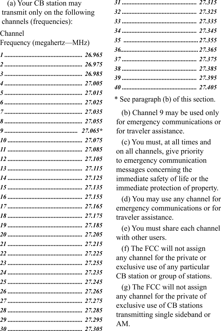 (a) Your CB station may transmit only on the following channels (frequencies):Channel      Frequency (megahertz—MHz)1 ................................................. 26.9652 ................................................. 26.9753 ................................................. 26.9854 ................................................. 27.0055 ................................................. 27.0156 ................................................. 27.0257 ................................................. 27.0358 ................................................. 27.0559 ..............................................  27.065*10 ............................................... 27.07511  ............................................... 27.08512 ............................................... 27.10513 ...............................................  27.11514 ............................................... 27.12515 ............................................... 27.13516 ............................................... 27.15517 ............................................... 27.16518 ............................................... 27.17519 ............................................... 27.18520 ............................................... 27.20521 ............................................... 27.21522 ............................................... 27.22523 ............................................... 27.25524 ............................................... 27.23525 ............................................... 27.24526 ............................................... 27.26527 ............................................... 27.27528 ............................................... 27.28529 ............................................... 27.29530 ............................................... 27.30531 ............................................... 27.31532 ............................................... 27.32533 ............................................... 27.33534 ............................................... 27.34535  ...............................................27.35536.................................................27.36537 ............................................... 27.37538 ............................................... 27.38539 ............................................... 27.39540 ............................................... 27.405* See paragraph (b) of this section.(b) Channel 9 may be used only for emergency communications or for traveler assistance.(c) You must, at all times and on all channels, give priority to emergency communication messages concerning the immediate safety of life or the immediate protection of property.(d) You may use any channel for emergency communications or for traveler assistance.(e) You must share each channel with other users.(f) The FCC will not assign any channel for the private or exclusive use of any particular CB station or group of stations.(g) The FCC will not assign any channel for the private of exclusive use of CB stations transmitting single sideband or AM.