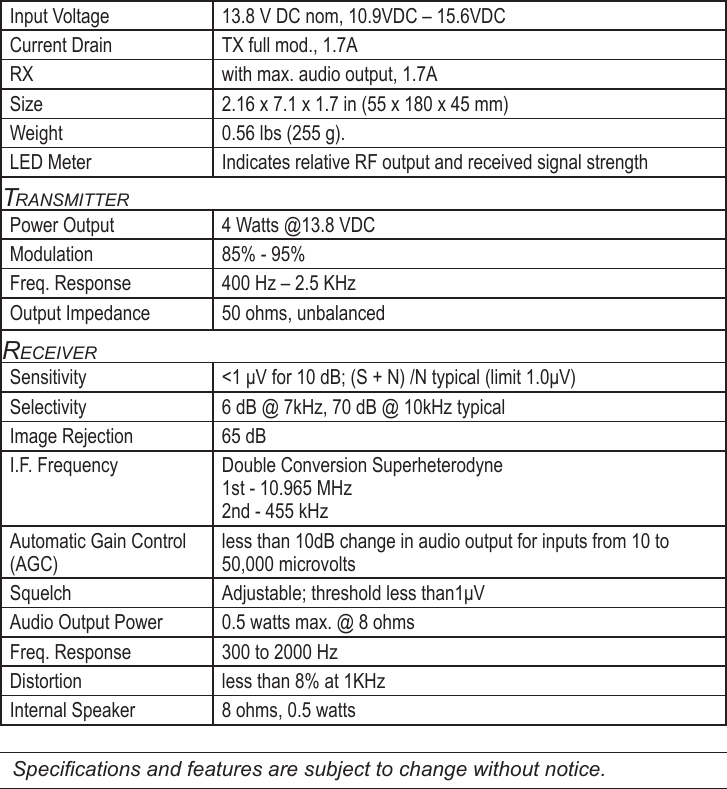 Sheet 2 Page 9Input Voltage 13.8 V DC nom, 10.9VDC – 15.6VDCCurrent Drain TX full mod., 1.7ARX with max. audio output, 1.7ASize 2.16 x 7.1 x 1.7 in (55 x 180 x 45 mm)Weight 0.56 lbs (255 g).LED Meter Indicates relative RF output and received signal strengthtransmitterPower Output 4 Watts @13.8 VDCModulation 85% - 95%Freq. Response 400 Hz – 2.5 KHzOutput Impedance 50 ohms, unbalancedreCeiverSensitivity &lt;1 μV for 10 dB; (S + N) /N typical (limit 1.0μV)Selectivity 6 dB @ 7kHz, 70 dB @ 10kHz typicalImage Rejection 65 dBI.F. Frequency Double Conversion Superheterodyne 1st - 10.965 MHz 2nd - 455 kHzAutomatic Gain Control (AGC)less than 10dB change in audio output for inputs from 10 to 50,000 microvoltsSquelch Adjustable; threshold less than1μVAudio Output Power 0.5 watts max. @ 8 ohmsFreq. Response 300 to 2000 HzDistortion less than 8% at 1KHzInternal Speaker 8 ohms, 0.5 wattsSpecications and features are subject to change without notice.