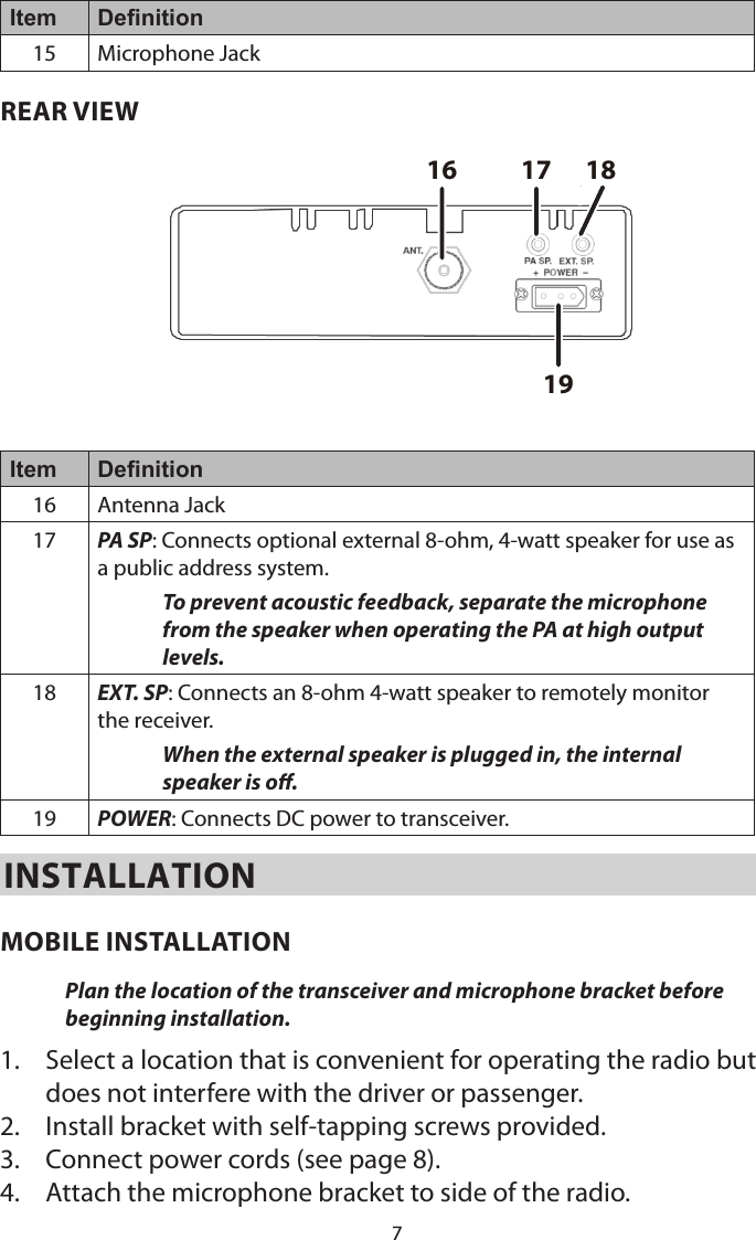 7Item Denition15 Microphone JackREAR VIEW16 17 1819Item Denition16 Antenna Jack17 PA SP: Connects optional external 8-ohm, 4-watt speaker for use as a public address system.To prevent acoustic feedback, separate the microphone from the speaker when operating the PA at high output levels.18 EXT. SP: Connects an 8-ohm 4-watt speaker to remotely monitor the receiver.When the external speaker is plugged in, the internal speaker is o.19 POWER: Connects DC power to transceiver. INSTALLATIONMOBILE INSTALLATION Plan the location of the transceiver and microphone bracket before beginning installation.1.  Select a location that is convenient for operating the radio but does not interfere with the driver or passenger. 2.  Install bracket with self-tapping screws provided. 3.  Connect power cords (see page 8). 4.  Attach the microphone bracket to side of the radio. 