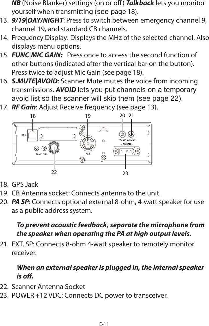 E-11NB (Noise Blanker) settings (on or o) Talkback lets you monitor yourself when transmitting (see page 18).13.  9/19|DAY/NIGHT: Press to switch between emergency channel 9, channel 19, and standard CB channels. 14.  Frequency Display: Displays the MHz of the selected channel. Also displays menu options. 15.  FUNC|MIC GAIN:   Press once to access the second function of other buttons (indicated after the vertical bar on the button). Press twice to adjust Mic Gain (see page 18).16.  S.MUTE|AVOID: Scanner Mute mutes the voice from incoming transmissions. AVOID lets you put channels on a temporary avoid list so the scanner will skip them (see page 22).17.  RF Gain: Adjust Receive frequency (see page 13). 2022 2321191818.  GPS Jack19.  CB Antenna socket: Connects antenna to the unit.20.  PA SP: Connects optional external 8-ohm, 4-watt speaker for use as a public address system. To prevent acoustic feedback, separate the microphone from the speaker when operating the PA at high output levels.21.  EXT. SP: Connects 8-ohm 4-watt speaker to remotely monitor receiver. When an external speaker is plugged in, the internal speaker is o.22.  Scanner Antenna Socket 23.  POWER +12 VDC: Connects DC power to transceiver. 