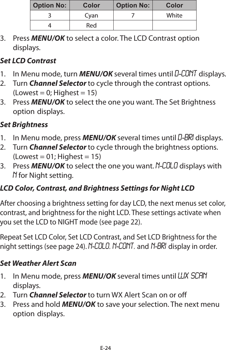 E-24Option No: Color Option No: Color3Cyan 7 White4 Red3.  Press MENU/OK to select a color. The LCD Contrast option displays.Set LCD Contrast 1.  In Menu mode, turn MENU/OK several times until D-CONT displays.2.  Turn Channel Selector to cycle through the contrast options.(Lowest = 0; Highest = 15) 3.  Press MENU/OK to select the one you want. The Set Brightness option displays.Set Brightness1.  In Menu mode, press MENU/OK several times until D-BRI displays.2.  Turn Channel Selector to cycle through the brightness options. (Lowest = 01; Highest = 15)3.  Press MENU/OK to select the one you want. N-COLO displays with N for Night setting. LCD Color, Contrast, and Brightness Settings for Night LCDAfter choosing a brightness setting for day LCD, the next menus set color, contrast, and brightness for the night LCD. These settings activate when you set the LCD to NIGHT mode (see page 22).Repeat Set LCD Color, Set LCD Contrast, and Set LCD Brightness for the night settings (see page 24). N-COLO, N-CONT, and N-BRI display in order.Set Weather Alert Scan1.  In Menu mode, press MENU/OK several times until WX SCAN displays.2.  Turn Channel Selector to turn WX Alert Scan on or o3.  Press and hold MENU/OK to save your selection. The next menu option displays.  