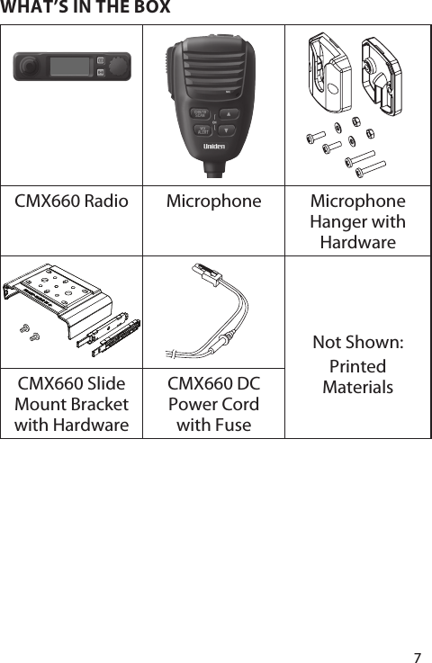7WHAT’S IN THE BOX  CMX660 Radio Microphone Microphone Hanger with HardwareNot Shown:Printed MaterialsCMX660 Slide Mount Bracket with HardwareCMX660 DC Power Cord with Fuse