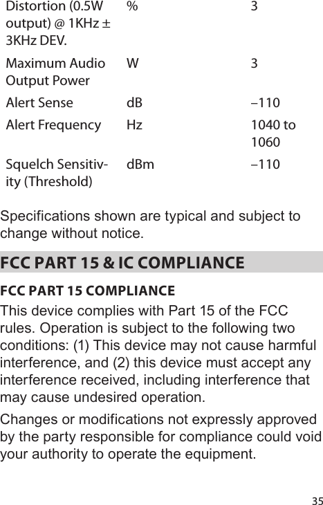 35Distortion (0.5W output) @ 1KHz ± 3KHz DEV.% 3Maximum Audio Output PowerW 3Alert Sense dB –110Alert Frequency Hz 1040 to 1060Squelch Sensitiv-ity (Threshold)dBm –110 Specifications shown are typical and subject to change without notice. FCC PART 15 &amp; IC COMPLIANCEFCC PART 15 COMPLIANCEThis device complies with Part 15 of the FCC rules. Operation is subject to the following two conditions: (1) This device may not cause harmful interference, and (2) this device must accept any interference received, including interference that may cause undesired operation.Changes or modifications not expressly approved by the party responsible for compliance could void your authority to operate the equipment.