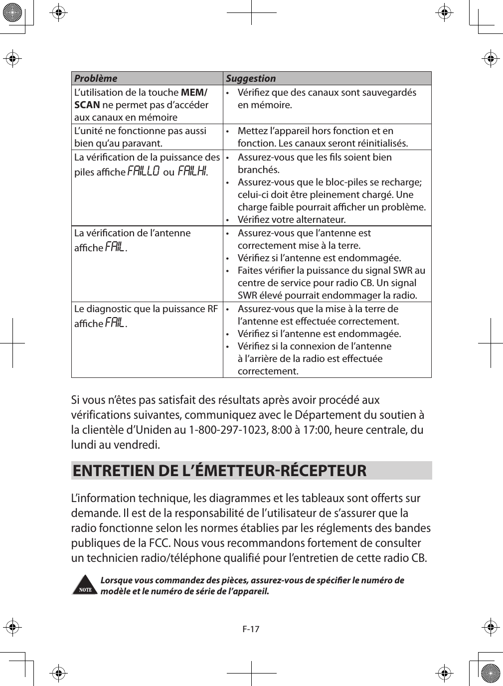 F-17Problème SuggestionL’utilisation de la touche MEM/SCAN ne permet pas d’accéder aux canaux en mémoire•  Vériez que des canaux sont sauvegardés en mémoire.L’unité ne fonctionne pas aussi bien qu’au paravant.•  Mettez l’appareil hors fonction et en fonction. Les canaux seront réinitialisés.La vérication de la puissance des piles ache FAILLO ou FAILHI.•  Assurez-vous que les ls soient bien branchés.•  Assurez-vous que le bloc-piles se recharge; celui-ci doit être pleinement chargé. Une charge faible pourrait acher un problème.•  Vériez votre alternateur.La vérication de l’antenne ache FAIL.•  Assurez-vous que l’antenne est correctement mise à la terre.•  Vériez si l’antenne est endommagée.•  Faites vérier la puissance du signal SWR au centre de service pour radio CB. Un signal SWR élevé pourrait endommager la radio.Le diagnostic que la puissance RF ache FAIL.•  Assurez-vous que la mise à la terre de l’antenne est eectuée correctement.•  Vériez si l’antenne est endommagée.•  Vériez si la connexion de l’antenne à l’arrière de la radio est eectuée correctement.Si vous n’êtes pas satisfait des résultats après avoir procédé aux vérifications suivantes, communiquez avec le Département du soutien à la clientèle d’Uniden au 1-800-297-1023, 8:00 à 17:00, heure centrale, du lundi au vendredi.ENTRETIEN DE L’ÉMETTEURRÉCEPTEUR L’information technique, les diagrammes et les tableaux sont offerts sur demande. Il est de la responsabilité de l’utilisateur de s’assurer que la radio fonctionne selon les normes établies par les réglements des bandes publiques de la FCC. Nous vous recommandons fortement de consulter un technicien radio/téléphone qualifié pour l’entretien de cette radio CB. Lorsque vous commandez des pièces, assurez-vous de spécier le numéro de modèle et le numéro de série de l’appareil. 