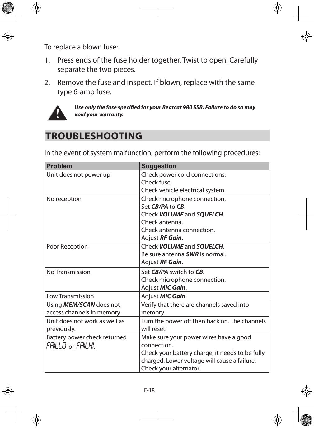 E-18To replace a blown fuse: 1.  Press ends of the fuse holder together. Twist to open. Carefully separate the two pieces. 2.  Remove the fuse and inspect. If blown, replace with the same type 6-amp fuse. Use only the fuse specied for your Bearcat 980 SSB. Failure to do so may void your warranty.TROUBLESHOOTING In the event of system malfunction, perform the following procedures: Problem SuggestionUnit does not power up Check power cord connections. Check fuse. Check vehicle electrical system.No reception Check microphone connection. Set CB/PA to CB. Check VOLUME and SQUELCH. Check antenna. Check antenna connection. Adjust RF Gain. Poor Reception Check VOLUME and SQUELCH. Be sure antenna SWR is normal.Adjust RF Gain. No Transmission Set CB/PA switch to CB. Check microphone connection.Adjust MIC Gain. Low Transmission Adjust MIC Gain. Using MEM/SCAN does not access channels in memoryVerify that there are channels saved into memory.Unit does not work as well as previously.Turn the power o then back on. The channels will reset.Battery power check returned FAILLO or FAILHI.Make sure your power wires have a good connection.Check your battery charge; it needs to be fully charged. Lower voltage will cause a failure.Check your alternator.