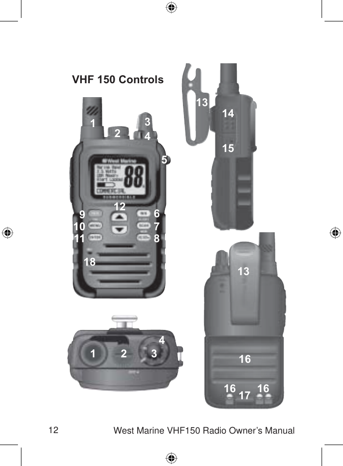 12 West Marine VHF150 Radio Owner’s ManualVHF 150 Controls11956781011121822434131314151616 16173