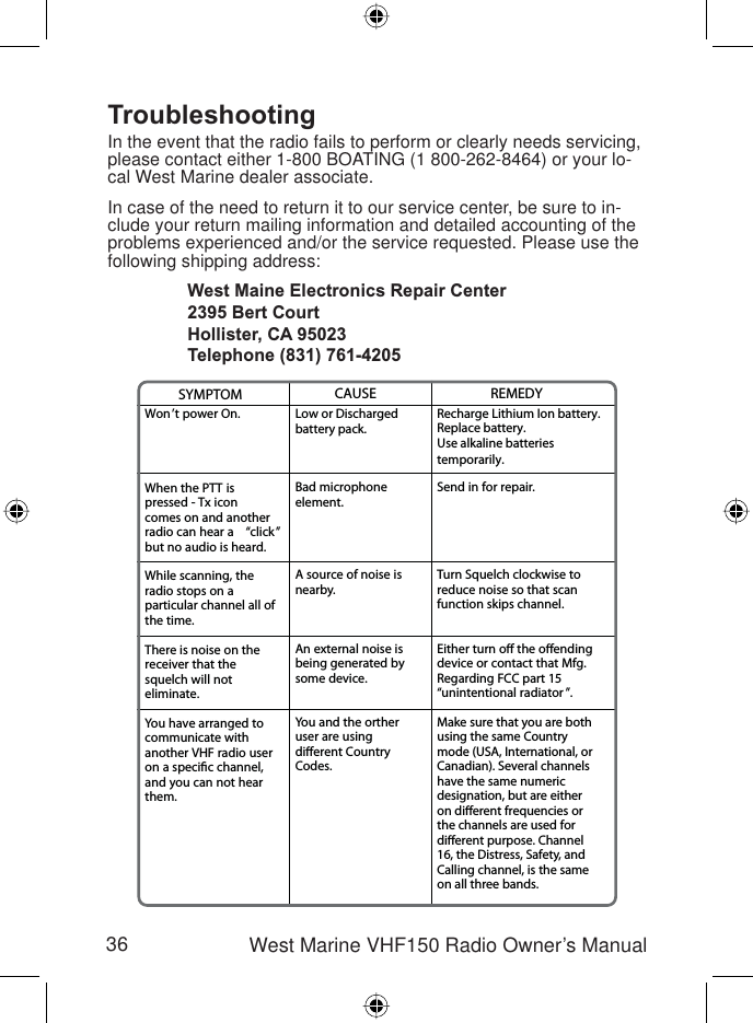 36 West Marine VHF150 Radio Owner’s ManualCAUSELow or Dischargedbattery pack.Bad microphoneelement.A source of noise isnearby.An external noise isbeing generated bysome device.You and the ortheruser are usingdierent CountryCodes.SYMPTOMWon’t power On.When the PTT ispressed - Tx iconcomes on and anotherradio can hear a “click”but no audio is heard.While scanning, theradio stops on aparticular channel all ofthe time.There is noise on thereceiver that thesquelch will noteliminate.You have arranged tocommunicate withanother VHF radio useron a specic channel,and you can not hearthem.REMEDYRecharge Lithium Ion battery.Replace battery.Use alkaline batteriestemporarily.Send in for repair.Turn Squelch clockwise toreduce noise so that scanfunction skips channel.Either turn o the oendingdevice or contact that Mfg.Regarding FCC part 15“unintentional radiator ”.Make sure that you are bothusing the same Countrymode (USA, International, orCanadian). Several channelshave the same numericdesignation, but are eitheron dierent frequencies orthe channels are used fordierent purpose. Channel16, the Distress, Safety, andCalling channel, is the sameon all three bands.TroubleshootingIn the event that the radio fails to perform or clearly needs servicing, please contact either 1-800 BOATING (1 800-262-8464) or your lo-cal West Marine dealer associate. In case of the need to return it to our service center, be sure to in-clude your return mailing information and detailed accounting of the problems experienced and/or the service requested. Please use the following shipping address:West Maine Electronics Repair Center  2395 Bert Court  Hollister, CA 95023  Telephone (831) 761-4205