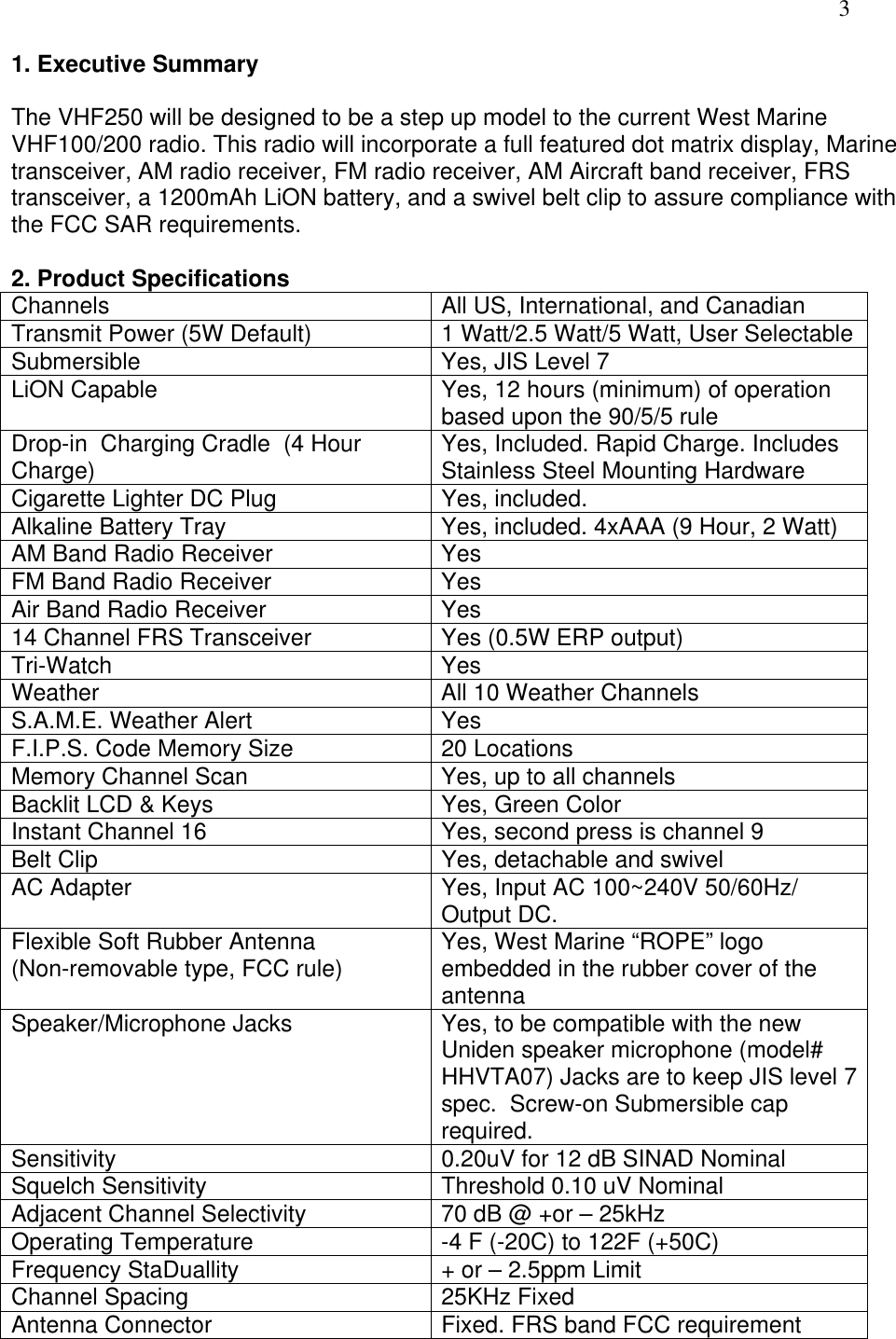   3 1. Executive Summary  The VHF250 will be designed to be a step up model to the current West Marine VHF100/200 radio. This radio will incorporate a full featured dot matrix display, Marine transceiver, AM radio receiver, FM radio receiver, AM Aircraft band receiver, FRS transceiver, a 1200mAh LiON battery, and a swivel belt clip to assure compliance with the FCC SAR requirements.    2. Product Specifications Channels  All US, International, and Canadian Transmit Power (5W Default)  1 Watt/2.5 Watt/5 Watt, User SelectableSubmersible  Yes, JIS Level 7 LiON Capable  Yes, 12 hours (minimum) of operation based upon the 90/5/5 rule Drop-in  Charging Cradle  (4 Hour Charge)  Yes, Included. Rapid Charge. Includes Stainless Steel Mounting Hardware Cigarette Lighter DC Plug  Yes, included. Alkaline Battery Tray  Yes, included. 4xAAA (9 Hour, 2 Watt) AM Band Radio Receiver  Yes FM Band Radio Receiver  Yes Air Band Radio Receiver  Yes 14 Channel FRS Transceiver  Yes (0.5W ERP output) Tri-Watch Yes Weather   All 10 Weather Channels S.A.M.E. Weather Alert  Yes F.I.P.S. Code Memory Size  20 Locations Memory Channel Scan  Yes, up to all channels  Backlit LCD &amp; Keys  Yes, Green Color Instant Channel 16   Yes, second press is channel 9 Belt Clip  Yes, detachable and swivel AC Adapter  Yes, Input AC 100~240V 50/60Hz/ Output DC. Flexible Soft Rubber Antenna (Non-removable type, FCC rule)  Yes, West Marine “ROPE” logo embedded in the rubber cover of the antenna  Speaker/Microphone Jacks  Yes, to be compatible with the new Uniden speaker microphone (model# HHVTA07) Jacks are to keep JIS level 7 spec.  Screw-on Submersible cap required. Sensitivity  0.20uV for 12 dB SINAD Nominal Squelch Sensitivity  Threshold 0.10 uV Nominal Adjacent Channel Selectivity  70 dB @ +or – 25kHz Operating Temperature  -4 F (-20C) to 122F (+50C) Frequency StaDuallity  + or – 2.5ppm Limit Channel Spacing  25KHz Fixed Antenna Connector  Fixed. FRS band FCC requirement 