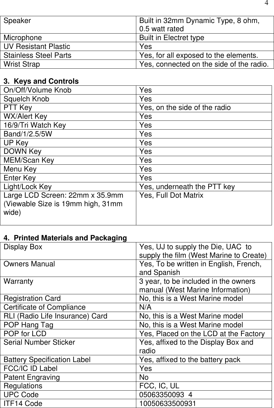   4 Speaker   Built in 32mm Dynamic Type, 8 ohm, 0.5 watt rated Microphone  Built in Electret type UV Resistant Plastic  Yes Stainless Steel Parts  Yes, for all exposed to the elements. Wrist Strap  Yes, connected on the side of the radio.    3.  Keys and Controls On/Off/Volume Knob  Yes Squelch Knob  Yes PTT Key  Yes, on the side of the radio WX/Alert Key  Yes 16/9/Tri Watch Key  Yes Band/1/2.5/5W Yes UP Key  Yes DOWN Key  Yes MEM/Scan Key  Yes Menu Key  Yes Enter Key  Yes Light/Lock Key  Yes, underneath the PTT key Large LCD Screen: 22mm x 35.9mm (Viewable Size is 19mm high, 31mm wide)  Yes, Full Dot Matrix      4.  Printed Materials and Packaging Display Box  Yes, UJ to supply the Die, UAC  to supply the film (West Marine to Create)Owners Manual  Yes, To be written in English, French, and Spanish Warranty  3 year, to be included in the owners manual (West Marine Information) Registration Card  No, this is a West Marine model Certificate of Compliance  N/A RLI (Radio Life Insurance) Card  No, this is a West Marine model POP Hang Tag  No, this is a West Marine model POP for LCD   Yes, Placed on the LCD at the Factory Serial Number Sticker   Yes, affixed to the Display Box and radio Battery Specification Label  Yes, affixed to the battery pack FCC/IC ID Label  Yes Patent Engraving  No Regulations   FCC, IC, UL UPC Code  05063350093  4 ITF14 Code  10050633500931   