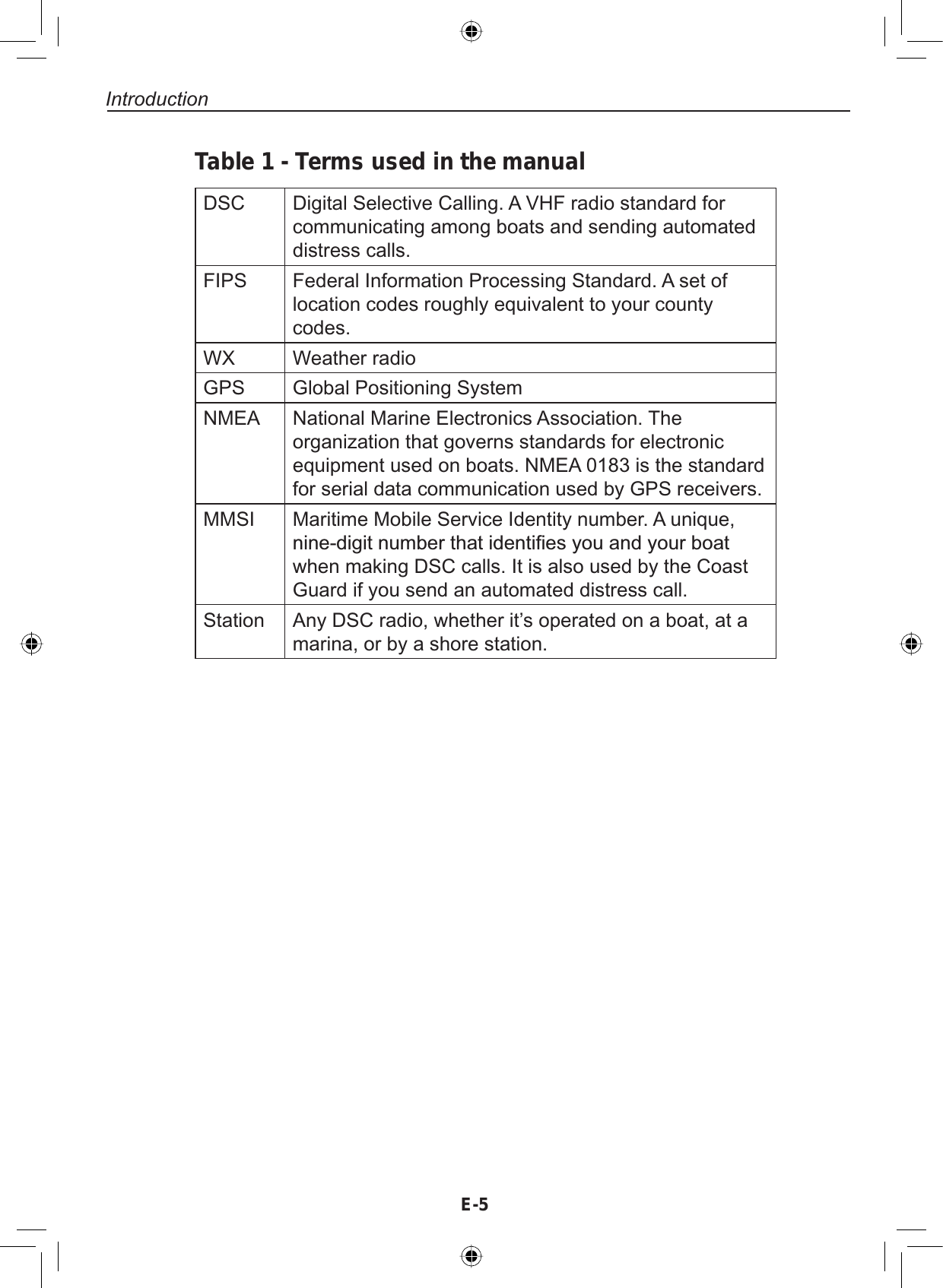 E-5IntroductionDSC Digital Selective Calling. A VHF radio standard forcommunicating among boats and sending automateddistress calls.FIPS Federal Information Processing Standard. A set oflocation codes roughly equivalent to your countycodes.WX Weather radioGPS Global Positioning SystemNMEA National Marine Electronics Association. Theorganization that governs standards for electronicequipment used on boats. NMEA 0183 is the standardfor serial data communication used by GPS receivers.MMSI Maritime Mobile Service Identity number. A unique,QLQHGLJLWQXPEHUWKDWLGHQWL¿HV\RXDQG\RXUERDWwhen making DSC calls. It is also used by the CoastGuard if you send an automated distress call.Station Any DSC radio, whether it’s operated on a boat, at amarina, or by a shore station.Table 1 - Terms used in the manual