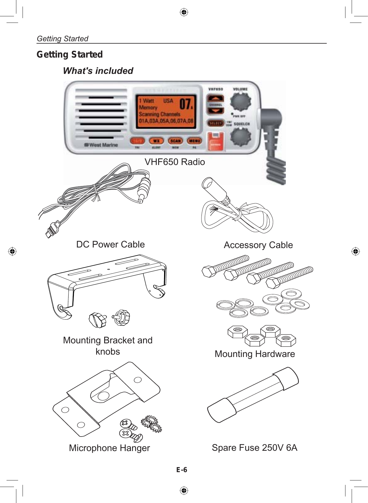 Getting StartedE-6What&apos;s includedVHF650 RadioDC Power Cable Accessory CableMounting Bracket andknobs Mounting HardwareMicrophone Hanger Spare Fuse 250V 6AGetting Started