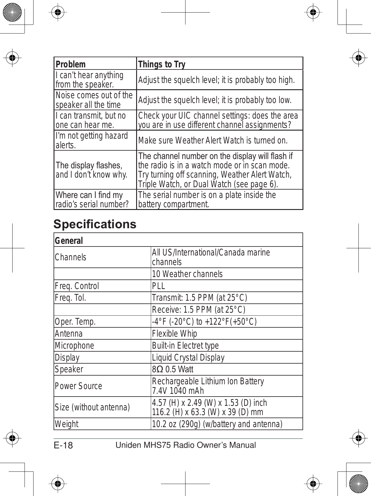 E-18 Uniden MHS75 Radio Owner’s ManualProblem Things to TryI can’t hear anything from the speaker. Adjust the squelch level; it is probably too high.Noise comes out of the speaker all the time Adjust the squelch level; it is probably too low.I can transmit, but no one can hear me. Check your UIC channel settings: does the area you are in use different channel assignments?I’m not getting hazard alerts. Make sure Weather Alert Watch is turned on. 7KHGLVSOD\ÀDVKHVand I don’t know why.7KHFKDQQHOQXPEHURQWKHGLVSOD\ZLOOÀDVKLIthe radio is in a watch mode or in scan mode. Try turning off scanning, Weather Alert Watch, Triple Watch, or Dual Watch (see page 6).:KHUHFDQ,¿QGP\radio’s serial number? The serial number is on a plate inside the battery compartment.6SHFL¿FDWLRQVGeneralChannels All US/International/Canada marine channels10 Weather channelsFreq. Control PLLFreq. Tol. Transmit: 1.5 PPM (at 25°C)Receive: 1.5 PPM (at 25°C)Oper. Temp. -4°F (-20°C) to +122°F(+50°C)Antenna Flexible WhipMicrophone Built-in Electret typeDisplay Liquid Crystal DisplaySpeaker :DWWPower Source Rechargeable Lithium Ion Battery 7.4V 1040 mAhSize (without antenna) 4.57 (H) x 2.49 (W) x 1.53 (D) inch116.2 (H) x 63.3 (W) x 39 (D) mmWeight 10.2 oz (290g) (w/battery and antenna)