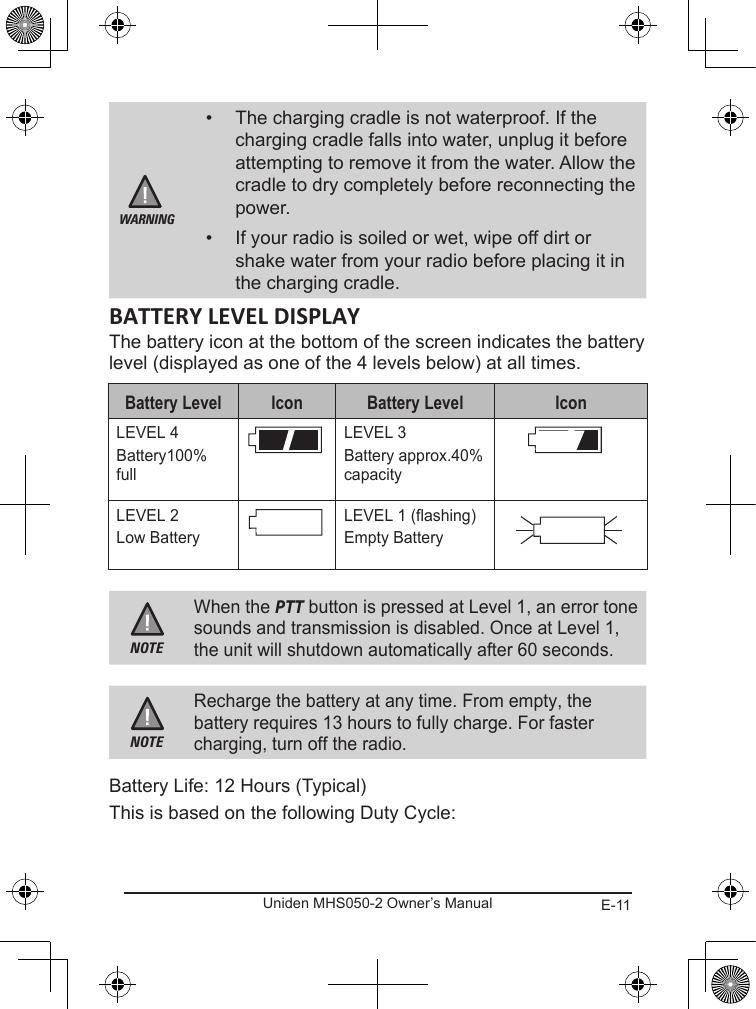 E-11Uniden MHS050-2 Owner’s ManualWARNING•  The charging cradle is not waterproof. If the charging cradle falls into water, unplug it before attempting to remove it from the water. Allow the cradle to dry completely before reconnecting the power.•  If your radio is soiled or wet, wipe off dirt or shake water from your radio before placing it in the charging cradle.The battery icon at the bottom of the screen indicates the battery level (displayed as one of the 4 levels below) at all times.   LEVEL 4Battery100% fullLEVEL 3Battery approx.40% capacityLEVEL 2Low BatteryLEVEL 1 (flashing)Empty BatteryNOTEWhen the PTT button is pressed at Level 1, an error tone sounds and transmission is disabled. Once at Level 1, the unit will shutdown automatically after 60 seconds.NOTERecharge the battery at any time. From empty, the battery requires 13 hours to fully charge. For faster charging, turn off the radio.Battery Life: 12 Hours (Typical)This is based on the following Duty Cycle:
