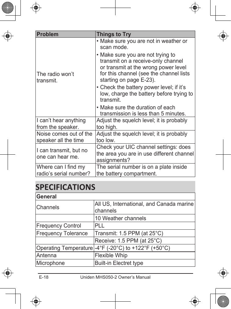 E-18 Uniden MHS050-2 Owner’s Manual The radio won’t transmit.• Make sure you are not in weather or scan mode.• Make sure you are not trying to transmit on a receive-only channel or transmit at the wrong power level for this channel (see the channel lists starting on page E-23).• Check the battery power level; if it’s low, charge the battery before trying to transmit.• Make sure the duration of each transmission is less than 5 minutes.I can’t hear anything from the speaker.Adjust the squelch level; it is probably too high.Noise comes out of the speaker all the timeAdjust the squelch level; it is probably too low.I can transmit, but no one can hear me.Check your UIC channel settings: does the area you are in use different channel assignments?Where can I find my radio’s serial number?The serial number is on a plate inside the battery compartment.Channels All US, International, and Canada marine channels10 Weather channelsFrequency Control PLLFrequency Tolerance Transmit: 1.5 PPM (at 25°C)Receive: 1.5 PPM (at 25°C)Operating Temperature -4°F (-20°C) to +122°F (+50°C)Antenna Flexible WhipMicrophone Built-in Electret type