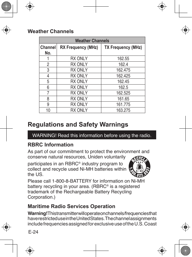E-24Weather ChannelsWeather ChannelsChannel No.RX Frequency (MHz) TX Frequency (MHz) 1 RX ONLY 162.552 RX ONLY 162.43 RX ONLY 162.4754 RX ONLY 162.4255 RX ONLY 162.456 RX ONLY 162.57 RX ONLY 162.5258 RX ONLY 161.659 RX ONLY 161.77510 RX ONLY 163.275Regulations and Safety WarningsWARNING! Read this information before using the radio.RBRC InformationAs part of our commitment to protect the environment and  conserve natural resources, Uniden voluntarilyparticipates in an RBRC® industry program tocollect and recycle used Ni-MH batteries within the US. Please call 1-800-8-BATTERY for information on Ni-MH battery recycling in your area. (RBRC® is a registered trademark of the Rechargeable Battery Recycling Corporation.)Maritime Radio Services OperationWarning! This transmitter will operate on channels/frequencies that have restricted use in the United States. The channel assignments include frequencies assigned for exclusive use of the U.S. Coast 
