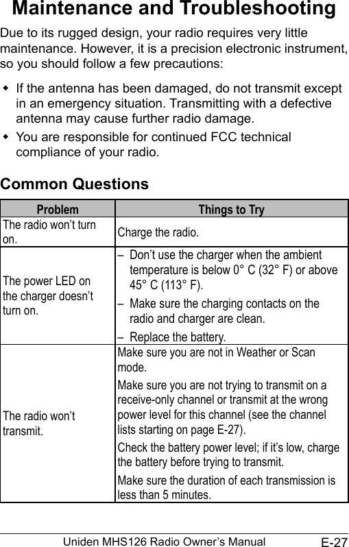 E-27Uniden MHS126 Radio Owner’s ManualMaintenance and TroubleshootingDue to its rugged design, your radio requires very little maintenance. However, it is a precision electronic instrument, so you should follow a few precautions: If the antenna has been damaged, do not transmit except in an emergency situation. Transmitting with a defective antenna may cause further radio damage. You are responsible for continued FCC technical compliance of your radio.Common QuestionsProblem Things to TryThe radio won’t turn on. Charge the radio.The power LED on the charger doesn’t turn on.–  Don’t use the charger when the ambient temperature is below 0° C (32° F) or above 45° C (113° F).–  Make sure the charging contacts on the radio and charger are clean.–  Replace the battery.The radio won’t transmit.Make sure you are not in Weather or Scan mode.Make sure you are not trying to transmit on a receive-only channel or transmit at the wrong power level for this channel (see the channel lists starting on page E-27).Check the battery power level; if it’s low, charge the battery before trying to transmit.Make sure the duration of each transmission is less than 5 minutes.