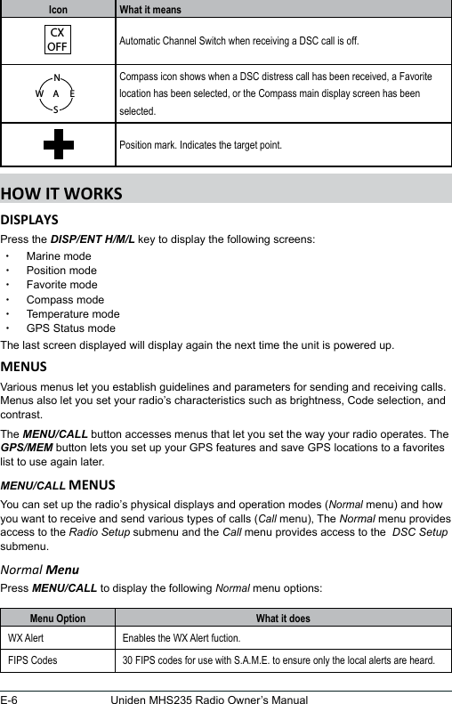 E-6 Uniden MHS235 Radio Owner’s ManualIcon What it meansCXOFF Automatic Channel Switch when receiving a DSC call is off.NESWACompass icon shows when a DSC distress call has been received, a Favorite location has been selected, or the Compass main display screen has been selected.Position mark. Indicates the target point.Press the DISP/ENT H/M/L key to display the following screens: xMarine mode xPosition mode xFavorite mode xCompass mode xTemperature mode xGPS Status modeThe last screen displayed will display again the next time the unit is powered up.Various menus let you establish guidelines and parameters for sending and receiving calls. Menus also let you set your radio’s characteristics such as brightness, Code selection, and contrast. The MENU/CALL button accesses menus that let you set the way your radio operates. The GPS/MEM button lets you set up your GPS features and save GPS locations to a favorites list to use again later.MENU/CALL You can set up the radio’s physical displays and operation modes (Normal menu) and how you want to receive and send various types of calls (Call menu), The Normal menu provides access to the Radio Setup submenu and the Call menu provides access to the  DSC Setup submenu.Normal MenuPress MENU/CALL to display the following Normal menu options:Menu Option What it doesWX Alert Enables the WX Alert fuction.FIPS Codes 30 FIPS codes for use with S.A.M.E. to ensure only the local alerts are heard.