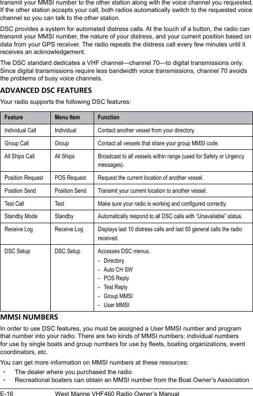 E-16 West Marine VHF460 Radio Owner’s Manualtransmit your MMSI number to the other station along with the voice channel you requested. If the other station accepts your call, both radios automatically switch to the requested voice channel so you can talk to the other station. DSC provides a system for automated distress calls. At the touch of a button, the radio can transmit your MMSI number, the nature of your distress, and your current position based on data from your GPS receiver. The radio repeats the distress call every few minutes until it receives an acknowledgement. The DSC standard dedicates a VHF channel—channel 70—to digital transmissions only. Since digital transmissions require less bandwidth voice transmissions, channel 70 avoids the problems of busy voice channels. Your radio supports the following DSC features: Feature Menu Item FunctionIndividual Call Individual Contact another vessel from your directory.Group Call Group Contact all vessels that share your group MMSI code.All Ships Call All Ships Broadcast to all vessels within range (used for Safety or Urgency messages).Position Request POS Request Request the current location of another vessel.Position Send Position Send Transmit your current location to another vessel.Test Call Test Make sure your radio is working and congured correctly.Standby Mode Standby Automatically respond to all DSC calls with “Unavailable” status.Receive Log Receive Log Displays last 10 distress calls and last 50 general calls the radio received.DSC Setup DSC Setup Accesses DSC menus. -Directory -Auto CH SW -POS Reply -Test Reply -Group MMSI -User MMSIIn order to use DSC features, you must be assigned a User MMSI number and program that number into your radio. There are two kinds of MMSI numbers: individual numbers for use by single boats and group numbers for use by eets, boating organizations, event coordinators, etc. You can get more information on MMSI numbers at these resources:  xThe dealer where you purchased the radio  xRecreational boaters can obtain an MMSI number from the Boat Owner’s Association 