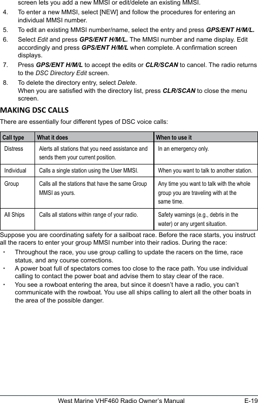 E-19West Marine VHF460 Radio Owner’s Manualscreen lets you add a new MMSI or edit/delete an existing MMSI. 4.  To enter a new MMSI, select [NEW] and follow the procedures for entering an individual MMSI number. 5.  To edit an existing MMSI number/name, select the entry and press GPS/ENT H/M/L.6.  Select Edit and press GPS/ENT H/M/L. The MMSI number and name display. Edit accordingly and press GPS/ENT H/M/L when complete. A conrmation screen displays.7.  Press GPS/ENT H/M/L to accept the edits or CLR/SCAN to cancel. The radio returns to the DSC Directory Edit screen. 8.  To delete the directory entry, select Delete. When you are satised with the directory list, press CLR/SCAN to close the menu screen. There are essentially four different types of DSC voice calls: Call type What it does When to use itDistress Alerts all stations that you need assistance and sends them your current position.In an emergency only.Individual Calls a single station using the User MMSI. When you want to talk to another station.Group Calls all the stations that have the same Group MMSI as yours.Any time you want to talk with the whole group you are traveling with at the same time.All Ships Calls all stations within range of your radio. Safety warnings (e.g., debris in the water) or any urgent situation.Suppose you are coordinating safety for a sailboat race. Before the race starts, you instruct all the racers to enter your group MMSI number into their radios. During the race:    xThroughout the race, you use group calling to update the racers on the time, race status, and any course corrections.  xA power boat full of spectators comes too close to the race path. You use individual calling to contact the power boat and advise them to stay clear of the race.  xYou see a rowboat entering the area, but since it doesn’t have a radio, you can’t communicate with the rowboat. You use all ships calling to alert all the other boats in the area of the possible danger.