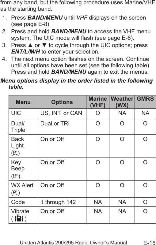 E-15Uniden Atlantis 290/295 Radio Owner’s Manualfrom any band, but the following procedure uses Marine/VHF as the starting band.1.  Press BAND/MENU until VHF displays on the screen (see page E-8).2.  Press and hold BAND/MENU to access the VHF menu system. The UIC mode will ash (see page E-8).3.  Press ▲ or ▼ to cycle through the UIC options; press ENT/L/M/H to enter your selection.4.  The next menu option ashes on the screen. Continue until all options have been set (see the following table). Press and hold BAND/MENU again to exit the menus. Menu options display in the order listed in the following table. Menu Options Marine (VHF) Weather (WX) GMRSUIC US, INT, or CAN  O NA NADual/TripleDual or TRI O O OBack Light(bL)On or Off O O OKey Beep(bP)On or Off O O OWX Alert(AL)On or Off O O OCode 1 through 142 NA NA OVibrate(   )On or Off NA NA O
