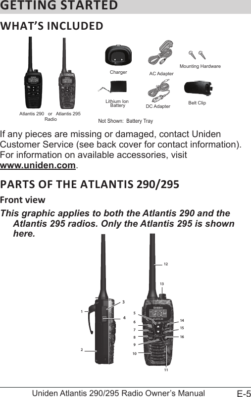 E-5Uniden Atlantis 290/295 Radio Owner’s ManualGETTING STARTEDIf any pieces are missing or damaged, contact Uniden Customer Service (see back cover for contact information). For information on available accessories, visit www.uniden.com.290/295Front viewThis graphic applies to both the Atlantis 290 and the Atlantis 295 radios. Only the Atlantis 295 is shown here.Atlantis 290   or   Atlantis 295 RadioChargerCHARGEAC AdapterDC AdapterLithium Ion BatteryNot Shown:  Battery TrayBelt ClipMounting Hardware12341315869101116151427