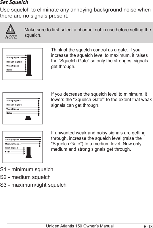 E-13Uniden Atlantis 150 Owner’s ManualSet SquelchUse squelch to eliminate any annoying background noise when there are no signals present.NOTEMake sure to first select a channel not in use before setting the squelch.Think of the squelch control as a gate. If you increase the squelch level to maximum, it raises the “Squelch Gate” so only the strongest signals get through.If you decrease the squelch level to minimum, it lowers the “Squelch Gate”’ to the extent that weak signals can get through.If unwanted weak and noisy signals are getting through, increase the squelch level (raise the “Squelch Gate”) to a medium level. Now only medium and strong signals get through.S1 - minimum squelchS2 - medium squelchS3 - maximum/tight squelch