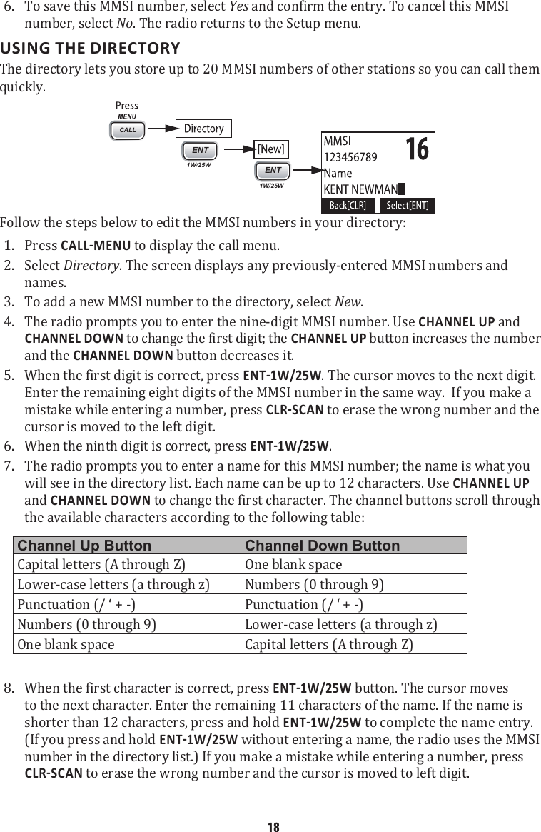 6.  To save this MMSI number, select Yes and confirm the entry. To cancel this MMSI number, select No. The radio returns to the Setup menu. USING THE DIRECTORYThe directory lets you store up to 20 MMSI numbers of other stations so you can call them quickly.  CALLENT1W/25WENT1W/25WFollow the steps below to edit the MMSI numbers in your directory: 1.  Press  to display the call menu. 2.  Select Directory. The screen displays any previously-entered MMSI numbers and names. 3.  To add a new MMSI number to the directory, select New. 4.  The radio prompts you to enter the nine-digit MMSI number. Use CHANNEL UP and CHANNEL DOWN to change the first digit; the CHANNEL UP button increases the number and the CHANNEL DOWN button decreases it. 5.  When the first digit is correct, press . The cursor moves to the next digit. Enter the remaining eight digits of the MMSI number in the same way.  If you make a mistake while entering a number, press  to erase the wrong number and the cursor is moved to the left digit.6.  When the ninth digit is correct, press . 7.  The radio prompts you to enter a name for this MMSI number; the name is what you will see in the directory list. Each name can be up to 12 characters. Use CHANNEL UP and CHANNEL DOWN to change the first character. The channel buttons scroll through the available characters according to the following table:  Channel Up Button Channel Down ButtonCapital letters (A through Z) One blank spaceLower-case letters (a through z) Numbers (0 through 9)Punctuation (/ ‘ + -) Punctuation (/ ‘ + -)Numbers (0 through 9) Lower-case letters (a through z)One blank space Capital letters (A through Z) 8.  When the first character is correct, press  button. The cursor moves to the next character. Enter the remaining 11 characters of the name. If the name is shorter than 12 characters, press and hold  to complete the name entry. (If you press and hold  without entering a name, the radio uses the MMSI number in the directory list.) If you make a mistake while entering a number, press  to erase the wrong number and the cursor is moved to left digit.18