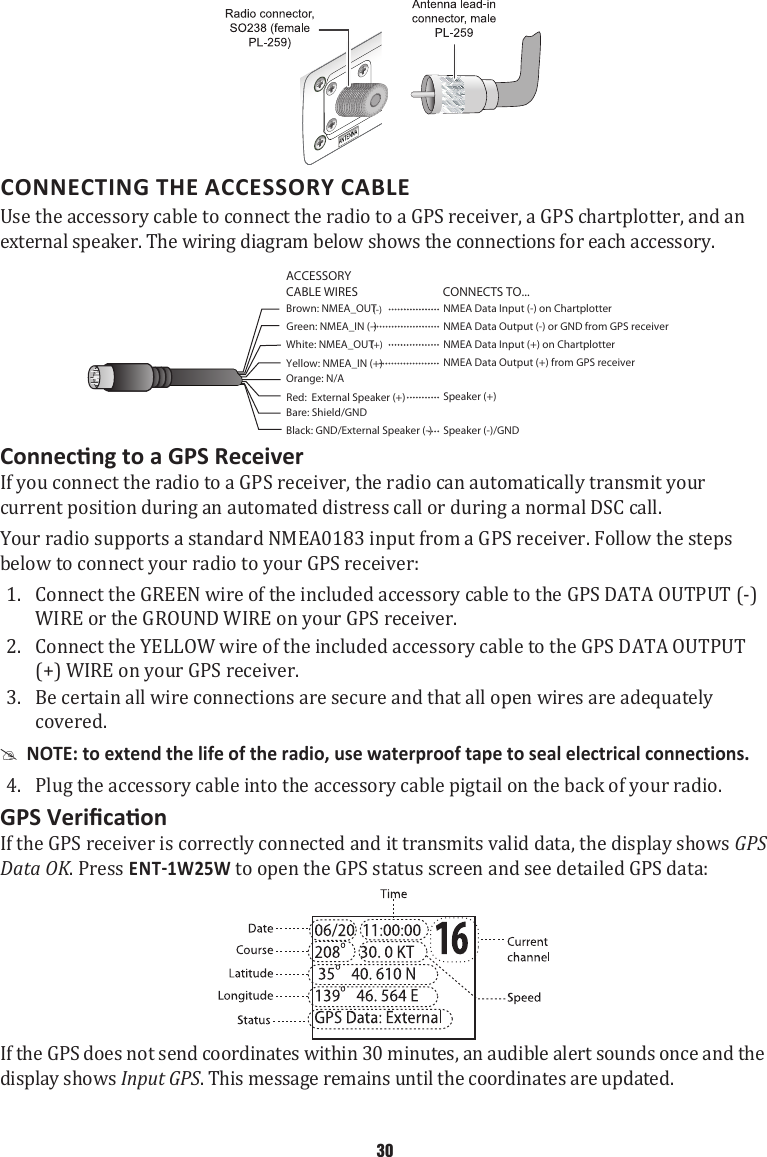 CONNECTING THE ACCESSORY CABLEUse the accessory cable to connect the radio to a GPS receiver, a GPS chartplotter, and an external speaker. The wiring diagram below shows the connections for each accessory.Yellow: NMEA_IN (+)Red:  External Speaker (+)White: NMEA_OUT (+)Orange: N/ABlack: GND/External Speaker (-) Brown: NMEA_OUT (-)Bare: Shield/GNDGreen: NMEA_IN (-)ACCESSORY CABLE WIRES CONNECTS TO...NMEA Data Output (-) or GND from GPS receiver NMEA Data Output (+) from GPS receiverNMEA Data Input (+) on Chartplotter Speaker (-)/GNDSpeaker (+)NMEA Data Input (-) on Chartplotter If you connect the radio to a GPS receiver, the radio can automatically transmit your current position during an automated distress call or during a normal DSC call.Your radio supports a standard NMEA0183 input from a GPS receiver. Follow the steps below to connect your radio to your GPS receiver:1.  Connect the GREEN wire of the included accessory cable to the GPS DATA OUTPUT (-) WIRE or the GROUND WIRE on your GPS receiver.2.  Connect the YELLOW wire of the included accessory cable to the GPS DATA OUTPUT (+) WIRE on your GPS receiver.3.  Be certain all wire connections are secure and that all open wires are adequately covered. #NOTE: to extend the life of the radio, use waterproof tape to seal electrical connections. 4.  Plug the accessory cable into the accessory cable pigtail on the back of your radio.If the GPS receiver is correctly connected and it transmits valid data, the display shows GPS Data OK. Press to open the GPS status screen and see detailed GPS data:If the GPS does not send coordinates within 30 minutes, an audible alert sounds once and the display shows Input GPS. This message remains until the coordinates are updated.30