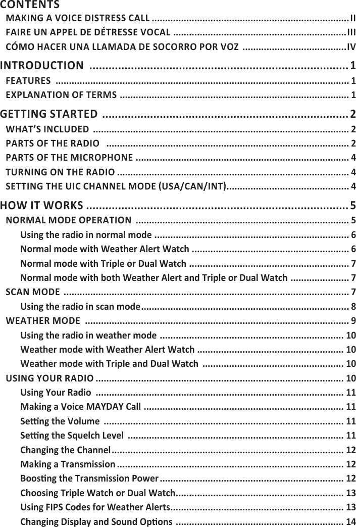 CONTENTSMAKING A VOICE DISTRESS CALL ..........................................................................IIFAIRE UN APPEL DE DÉTRESSE VOCAL  .................................................................IIICÓMO HACER UNA LLAMADA DE SOCORRO POR VOZ  .......................................IVINTRODUCTION  .................................................................................1FEATURES  .............................................................................................................. 1EXPLANATION OF TERMS  ...................................................................................... 1GETTING STARTED  ............................................................................. 2WHAT’S INCLUDED  ................................................................................................ 2PARTS OF THE RADIO   ........................................................................................... 2PARTS OF THE MICROPHONE ................................................................................ 4TURNING ON THE RADIO ....................................................................................... 4 .............................................. 4HOW IT WORKS  .................................................................................. 5NORMAL MODE OPERATION  ................................................................................ 5Using the radio in normal mode  ......................................................................... 6Normal mode with Weather Alert Watch  ........................................................... 6Normal mode with Triple or Dual Watch  ............................................................ 7Normal mode with both Weather Alert and Triple or Dual Watch  ...................... 7SCAN MODE  ........................................................................................................... 7Using the radio in scan mode .............................................................................. 8WEATHER MODE  ................................................................................................... 9Using the radio in weather mode  ..................................................................... 10Weather mode with Weather Alert Watch  ....................................................... 10Weather mode with Triple and Dual Watch  ..................................................... 10USING YOUR RADIO ............................................................................................. 10Using Your Radio  ............................................................................................. 11Making a Voice MAYDAY Call  ........................................................................... 11 .......................................................................................... 11 ................................................................................. 11Changing the Channel ....................................................................................... 12Making a Transmission ..................................................................................... 12 ..................................................................... 12Choosing Triple Watch or Dual Watch ............................................................... 13Using FIPS Codes for Weather Alerts ................................................................. 13 ............................................................... 14