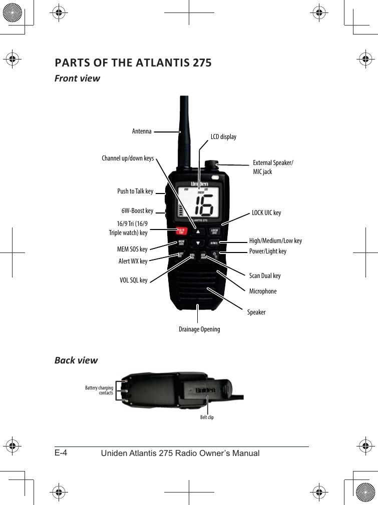 E-4 Uniden Atlantis 275 Radio Owner’s ManualPARTS OF THE ATLANTIS 275Front viewBack viewVOL SQL keyAntennaChannel up/down keysPush to Talk key16/9 Tri (16/9 Triple watch) key6W-Boost keyMEM SOS keyAlert WX keyLCD displayExternal Speaker/ MIC jackLOCK UIC key High/Medium/Low keyPower/Light keyScan Dual keyMicrophoneSpeakerDrainage OpeningBattery charging contacts Belt clip