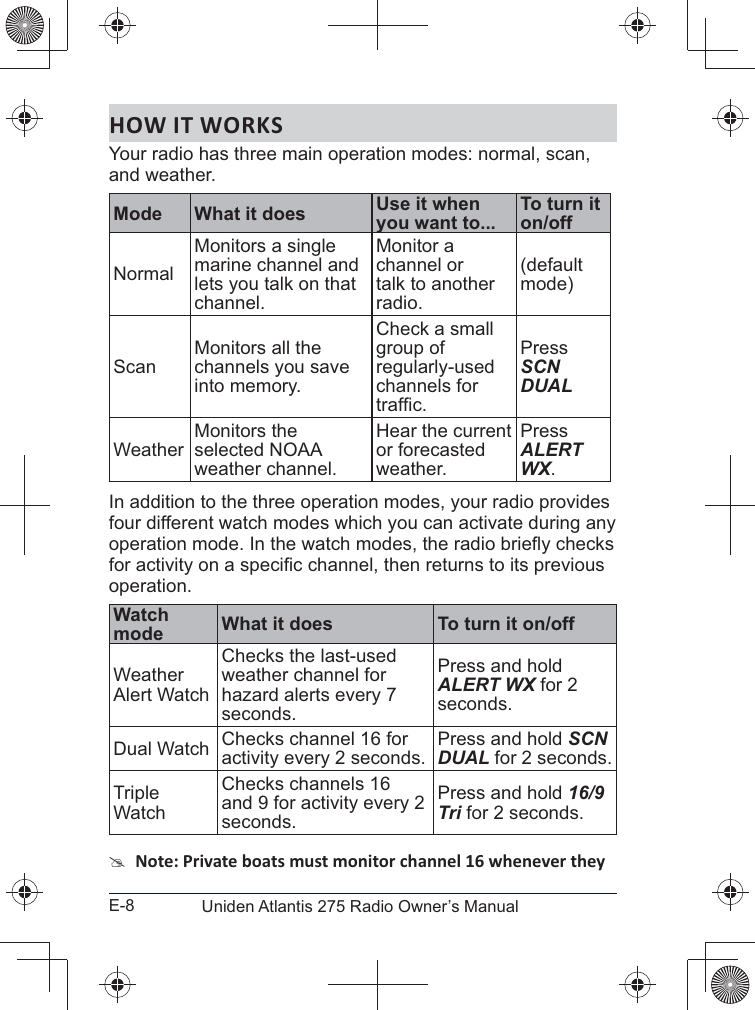 E-8 Uniden Atlantis 275 Radio Owner’s ManualHOW IT WORKSYour radio has three main operation modes: normal, scan, and weather.Mode What it does Use it when you want to... To turn it on/offNormalMonitors a single marine channel and lets you talk on that channel.Monitor a channel or talk to another radio.(default mode)Scan Monitors all the channels you save into memory.Check a small group of regularly-used channels for Press SCN DUALWeather Monitors the weather channel.Hear the current or forecasted weather.Press ALERT WX.In addition to the three operation modes, your radio provides four different watch modes which you can activate during any operation.Watch mode What it does To turn it on/offWeather Alert WatchChecks the last-used weather channel for hazard alerts every 7 seconds.Press and hold ALERT WX for 2 seconds. Checks channel 16 for activity every 2 seconds. Press and hold SCN DUAL for 2 seconds.Triple WatchChecks channels 16 and 9 for activity every 2 seconds.Press and hold 16/9 Tri for 2 seconds. #