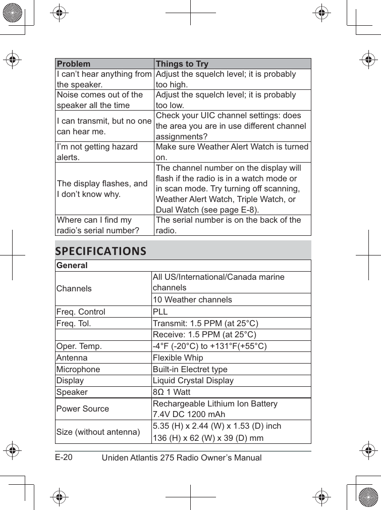 E-20 Uniden Atlantis 275 Radio Owner’s ManualProblem Things to TryI can’t hear anything from the speaker.Adjust the squelch level; it is probably too high.Noise comes out of the speaker all the timeAdjust the squelch level; it is probably too low.I can transmit, but no one can hear me.Check your UIC channel settings: does the area you are in use different channel assignments?I’m not getting hazard alerts.Make sure Weather Alert Watch is turned on. I don’t know why.The channel number on the display will in scan mode. Try turning off scanning, Weather Alert Watch, Triple Watch, or radio’s serial number?The serial number is on the back of the radio.SPECIFICATIONSGeneralChannelschannels10 Weather channelsFreq. Control PLLFreq. Tol. Transmit: 1.5 PPM (at 25°C)Receive: 1.5 PPM (at 25°C) -4°F (-20°C) to +131°F(+55°C)Antenna Flexible WhipMicrophone Built-in Electret type Speaker Power Source Rechargeable Lithium Ion Battery  Size (without antenna) 