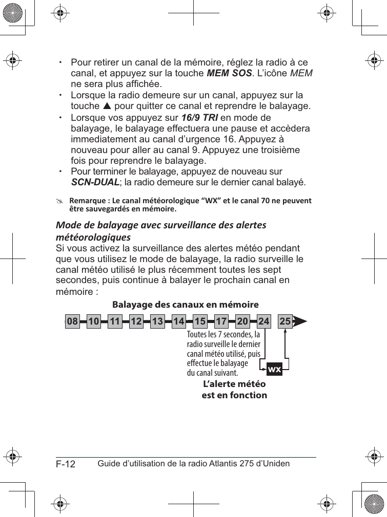 F-12 Guide d’utilisation de la radio Atlantis 275 d’Uniden xPour retirer un canal de la mémoire, réglez la radio à ce canal, et appuyez sur la touche MEM SOS. L’icône MEM  xLorsque la radio demeure sur un canal, appuyez sur la touche S pour quitter ce canal et reprendre le balayage. xLorsque vos appuyez sur 16/9 TRI en mode de immediatement au canal d’urgence 16. Appuyez à fois pour reprendre le balayage. xPour terminer le balayage, appuyez de nouveau sur SCN-DUAL; la radio demeure sur le dernier canal balayé. # Si vous activez la surveillance des alertes météo pendant que vous utilisez le mode de balayage, la radio surveille le canal météo utilisé le plus récemment toutes les sept secondes, puis continue à balayer le prochain canal en mémoire :Toutes les 7 secondes, la radio surveille le dernier canal météo utilisé, puis eectue le balayagedu canal suivant. wxL’alerte météoest en fonctionBalayage des canaux en mémoire08 252417151413121110 20