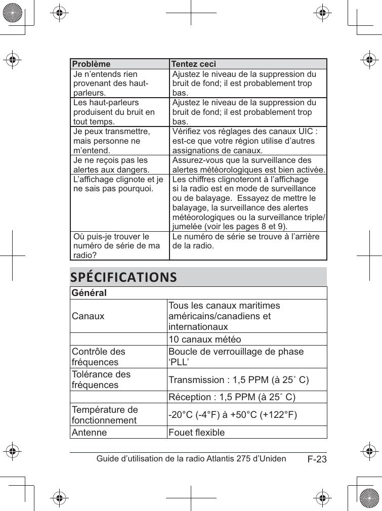 F-23Guide d’utilisation de la radio Atlantis 275 d’UnidenProblème Tentez ceciJe n’entends rien provenant des haut-parleurs.Ajustez le niveau de la suppression du bruit de fond; il est probablement trop bas.Les haut-parleurs produisent du bruit en tout temps.Ajustez le niveau de la suppression du bruit de fond; il est probablement trop bas.Je peux transmettre, mais personne ne m’entend.est-ce que votre région utilise d’autres assignations de canaux.Je ne reçois pas les alertes aux dangers.Assurez-vous que la surveillance des alertes météorologiques est bien activée.ne sais pas pourquoi.si la radio est en mode de surveillance ou de balayage.  Essayez de mettre le balayage, la surveillance des alertes météorologiques ou la surveillance triple/jumelée (voir les pages 8 et 9).Où puis-je trouver le numéro de série de ma radio?de la radio.SPÉCIFICATIONSGénéralCanaux Tous les canaux maritimes américains/canadiens et internationaux10 canaux météoContrôle des fréquences Boucle de verrouillage de phase ‘PLL’Tolérance des fréquences Température de fonctionnement -20°C (-4°F) à +50°C (+122°F)Antenne 