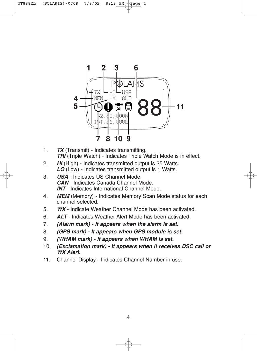 41. TX (Transmit) - Indicates transmitting.TRI (Triple Watch) - Indicates Triple Watch Mode is in effect.2. HI (High) - Indicates transmitted output is 25 Watts.LO (Low) - Indicates transmitted output is 1 Watts.3. USA - Indicates US Channel Mode.CAN - Indicates Canada Channel Mode.INT - Indicates International Channel Mode.4. MEM (Memory) - Indicates Memory Scan Mode status for eachchannel selected.5. WX - Indicate Weather Channel Mode has been activated.6. ALT - Indicates Weather Alert Mode has been activated.7. (Alarm mark) - It appears when the alarm is set.8. (GPS mark) - It appears when GPS module is set.9. (WHAM mark) - It appears when WHAM is set.10. (Exclamation mark) - It appears when it receives DSC call orWX Alert. 11. Channel Display - Indicates Channel Number in use.UT888ZL  (POLARIS)-0708  7/8/02  8:13 PM  Page 4