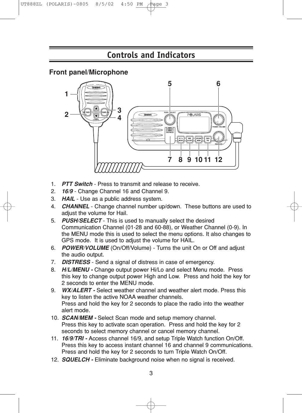 3Front panel/Microphone1. PTT Switch - Press to transmit and release to receive.2. 16/9 - Change Channel 16 and Channel 9.3. HAIL - Use as a public address system.4. CHANNEL - Change channel number up/down.  These buttons are used toadjust the volume for Hail.5. PUSH/SELECT - This is used to manually select the desiredCommunication Channel (01-28 and 60-88), or Weather Channel (0-9). Inthe MENU mode this is used to select the menu options. It also changes toGPS mode.  It is used to adjust the volume for HAIL.6. POWER/VOLUME (On/Off/Volume) - Turns the unit On or Off and adjustthe audio output.7. DISTRESS - Send a signal of distress in case of emergency.8. H/L/MENU - Change output power Hi/Lo and select Menu mode.  Pressthis key to change output power High and Low.  Press and hold the key for2 seconds to enter the MENU mode.9. WX/ALERT - Select weather channel and weather alert mode. Press thiskey to listen the active NOAA weather channels.  Press and hold the key for 2 seconds to place the radio into the weatheralert mode. 10. SCAN/MEM - Select Scan mode and setup memory channel.Press this key to activate scan operation.  Press and hold the key for 2seconds to select memory channel or cancel memory channel.11. 16/9/TRI - Access channel 16/9, and setup Triple Watch function On/Off.Press this key to access instant channel 16 and channel 9 communications.Press and hold the key for 2 seconds to turn Triple Watch On/Off. 12. SQUELCH - Eliminate background noise when no signal is received. Controls and Indicators4321651287 9 10 11UT888ZL (POLARIS)-0805  8/5/02  4:50 PM  Page 3