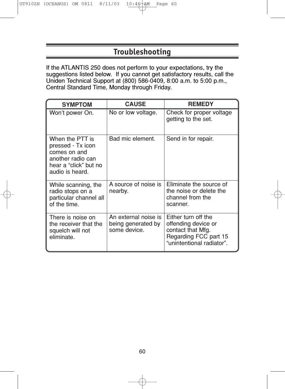 60If the ATLANTIS 250 does not perform to your expectations, try thesuggestions listed below.  If you cannot get satisfactory results, call theUniden Technical Support at (800) 586-0409, 8:00 a.m. to 5:00 p.m.,Central Standard Time, Monday through Friday.TroubleshootingCAUSENo or low voltage.Bad mic element.A source of noise isnearby.An external noise isbeing generated bysome device.SYMPTOMWon’t power On.When the PTT ispressed - Tx iconcomes on andanother radio canhear a “click” but noaudio is heard.While scanning, theradio stops on aparticular channel allof the time.There is noise onthe receiver that thesquelch will noteliminate.REMEDYCheck for proper voltagegetting to the set.Send in for repair.Eliminate the source ofthe noise or delete thechannel from thescanner.Either turn off theoffending device orcontact that Mfg.Regarding FCC part 15“unintentional radiator”.UT910ZH (OCEANUS) OM 0811  8/11/03  10:46 AM  Page 60