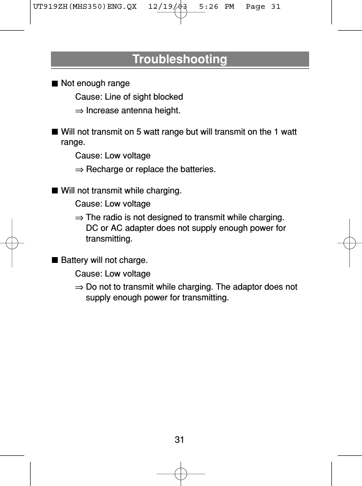 31TroubleshootingNot enough rangeCause: Line of sight blocked⇒Increase antenna height.Will not transmit on 5 watt range but will transmit on the 1 wattrange.Cause: Low voltage⇒Recharge or replace the batteries.Will not transmit while charging.Cause: Low voltage⇒The radio is not designed to transmit while charging. DC or AC adapter does not supply enough power fortransmitting.Battery will not charge.Cause: Low voltage⇒Do not to transmit while charging. The adaptor does notsupply enough power for transmitting.UT919ZH(MHS350)ENG.QX  12/19/03  5:26 PM  Page 31