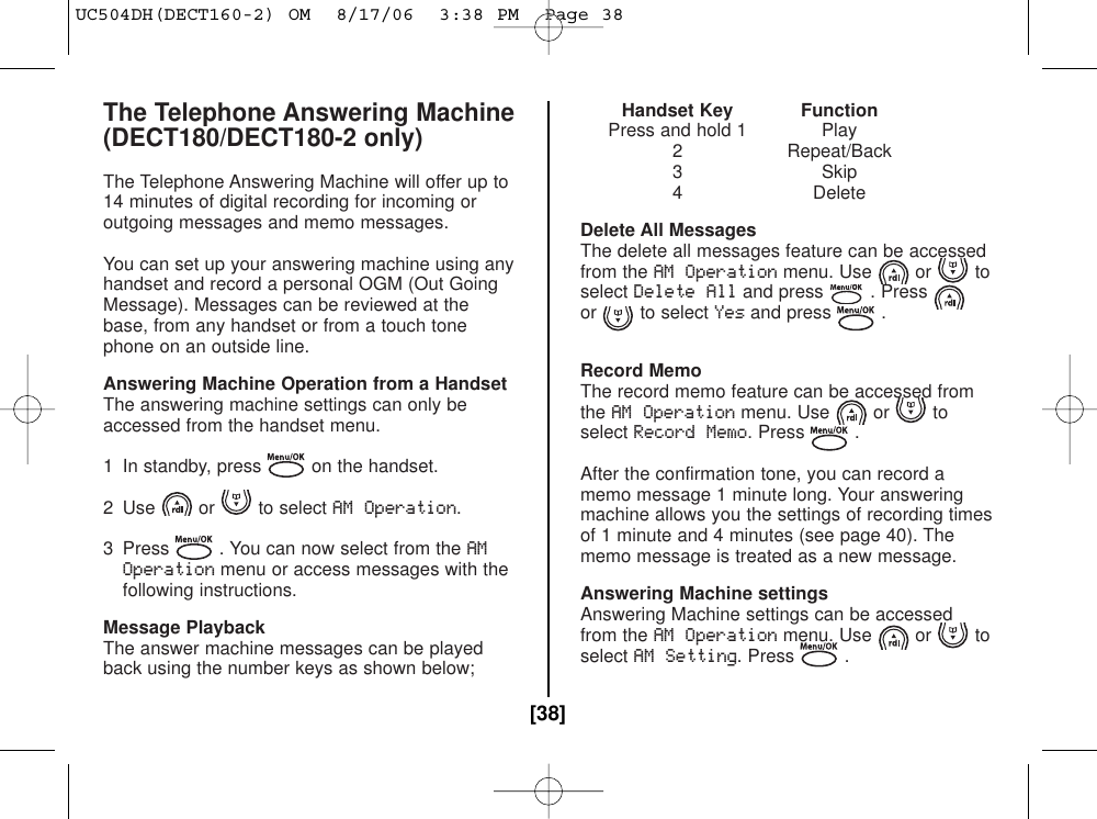 The Telephone Answering Machine(DECT180/DECT180-2 only)The Telephone Answering Machine will offer up to14 minutes of digital recording for incoming oroutgoing messages and memo messages.You can set up your answering machine using anyhandset and record a personal OGM (Out GoingMessage). Messages can be reviewed at thebase, from any handset or from a touch tonephone on an outside line.Answering Machine Operation from a HandsetThe answering machine settings can only beaccessed from the handset menu.1 In standby, press on the handset.2 Use or to select AM Operation.3 Press . You can now select from the AMOperationmenu or access messages with thefollowing instructions.Message PlaybackThe answer machine messages can be playedback using the number keys as shown below;Handset Key FunctionPress and hold 1 Play2 Repeat/Back3 Skip4 DeleteDelete All MessagesThe delete all messages feature can be accessedfrom the AM Operationmenu. Use or toselectDelete Alland press . Pressor to select Yesand press .Record MemoThe record memo feature can be accessed fromtheAM Operationmenu. Use or toselectRecord Memo. Press .After the confirmation tone, you can record amemo message 1 minute long. Your answeringmachine allows you the settings of recording timesof 1 minute and 4 minutes (see page 40). Thememo message is treated as a new message.Answering Machine settingsAnswering Machine settings can be accessedfrom the AM Operationmenu. Use or toselectAM Setting. Press .[38]UC504DH(DECT160-2) OM  8/17/06  3:38 PM  Page 38