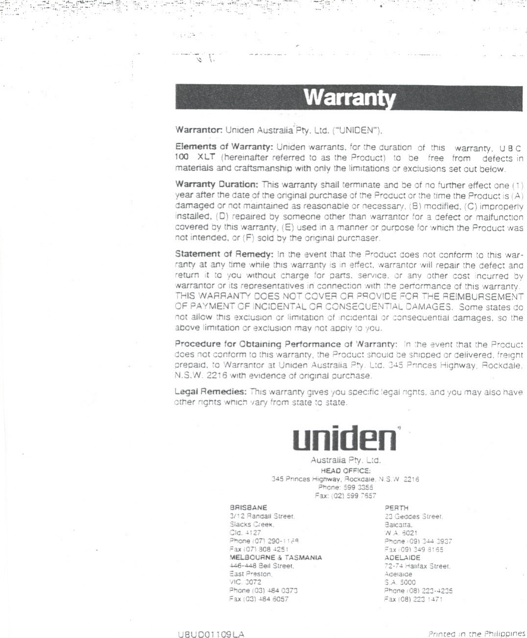 Page 11 of 11 - Uniden Uniden-Bearcat-Ubc100Xlt-Users-Manual-  Uniden-bearcat-ubc100xlt-users-manual
