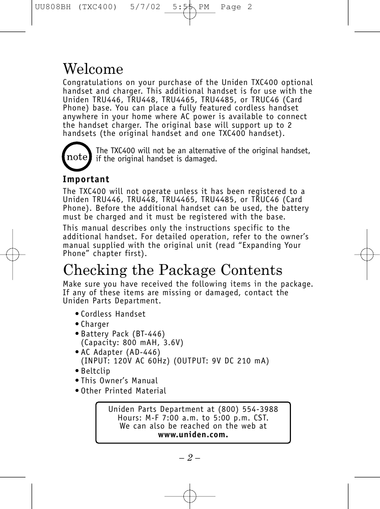 Page 2 of 7 - Uniden Uniden-Tru446-Users-Manual-  Uniden-tru446-users-manual