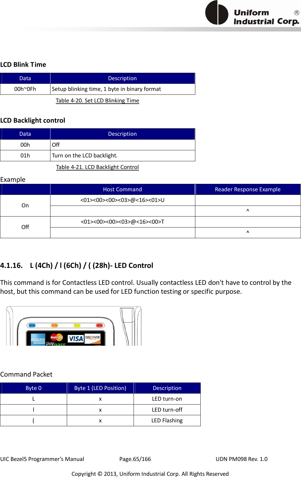                                           UIC Bezel5 Programmer’s Manual      Page.65/166                    UDN PM098 Rev. 1.0 Copyright © 2013, Uniform Industrial Corp. All Rights Reserved LCD Blink Time Data Description 00h~0Fh  Setup blinking time, 1 byte in binary format Table 4-20. Set LCD Blinking Time LCD Backlight control Data Description 00h  Off 01h  Turn on the LCD backlight. Table 4-21. LCD Backlight Control Example   Host Command  Reader Response Example &lt;01&gt;&lt;00&gt;&lt;00&gt;&lt;03&gt;@&lt;16&gt;&lt;01&gt;U   On    ^ &lt;01&gt;&lt;00&gt;&lt;00&gt;&lt;03&gt;@&lt;16&gt;&lt;00&gt;T   Off    ^ 4.1.16.   L (4Ch) / l (6Ch) / ( (28h)- LED Control This command is for Contactless LED control. Usually contactless LED don&apos;t have to control by the host, but this command can be used for LED function testing or specific purpose.   Command Packet Byte 0  Byte 1 (LED Position)  Description L  x  LED turn-on l  x  LED turn-off (  x  LED Flashing  